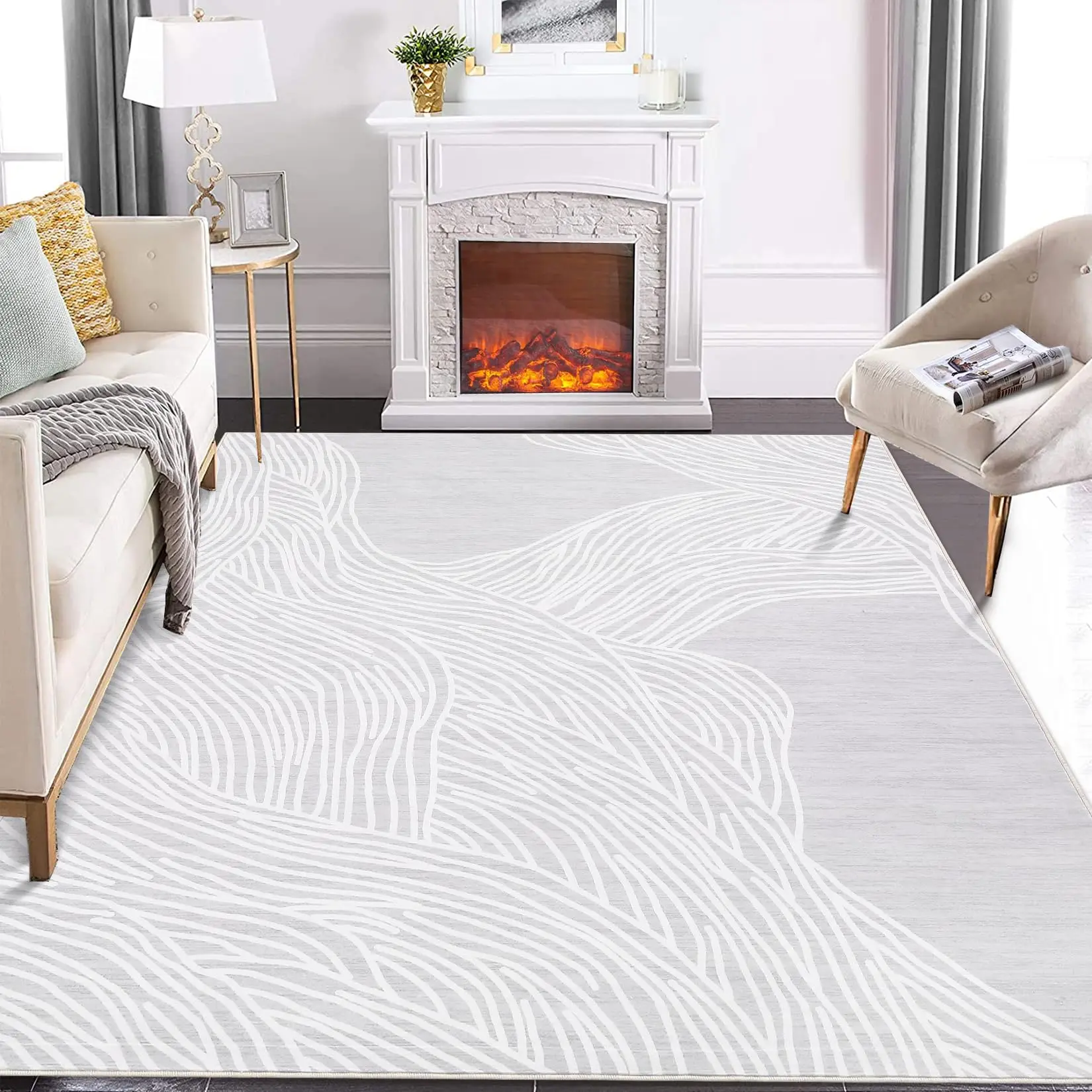 Garvee 10x13 Rug with Rubber Backing Machine Washable Modern Rug for Living Room Bedroom Contemporary Striped Ultra-Thin Indoor Carpet for Playroom Office Dining Room Dorm, Grey/ 10'x 13'