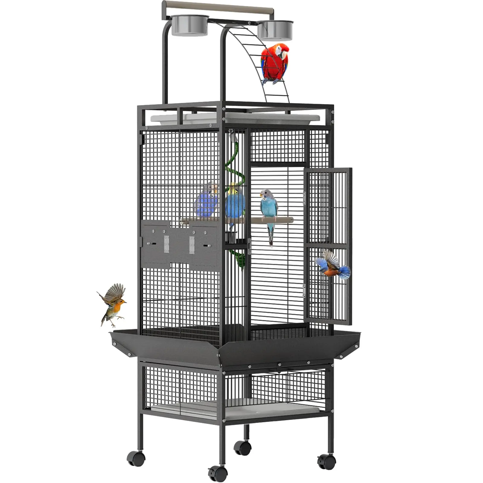 Spacious 60 Inch Wrought Iron Bird Cage with Rolling Stand, Play Top, 4 Stainless Steel Bowls - Ideal for Conure, Cockatiel, Parakeet, Lovebird, Budgie, African Grey, Small Birds - Durable Metal Pet Enclosure