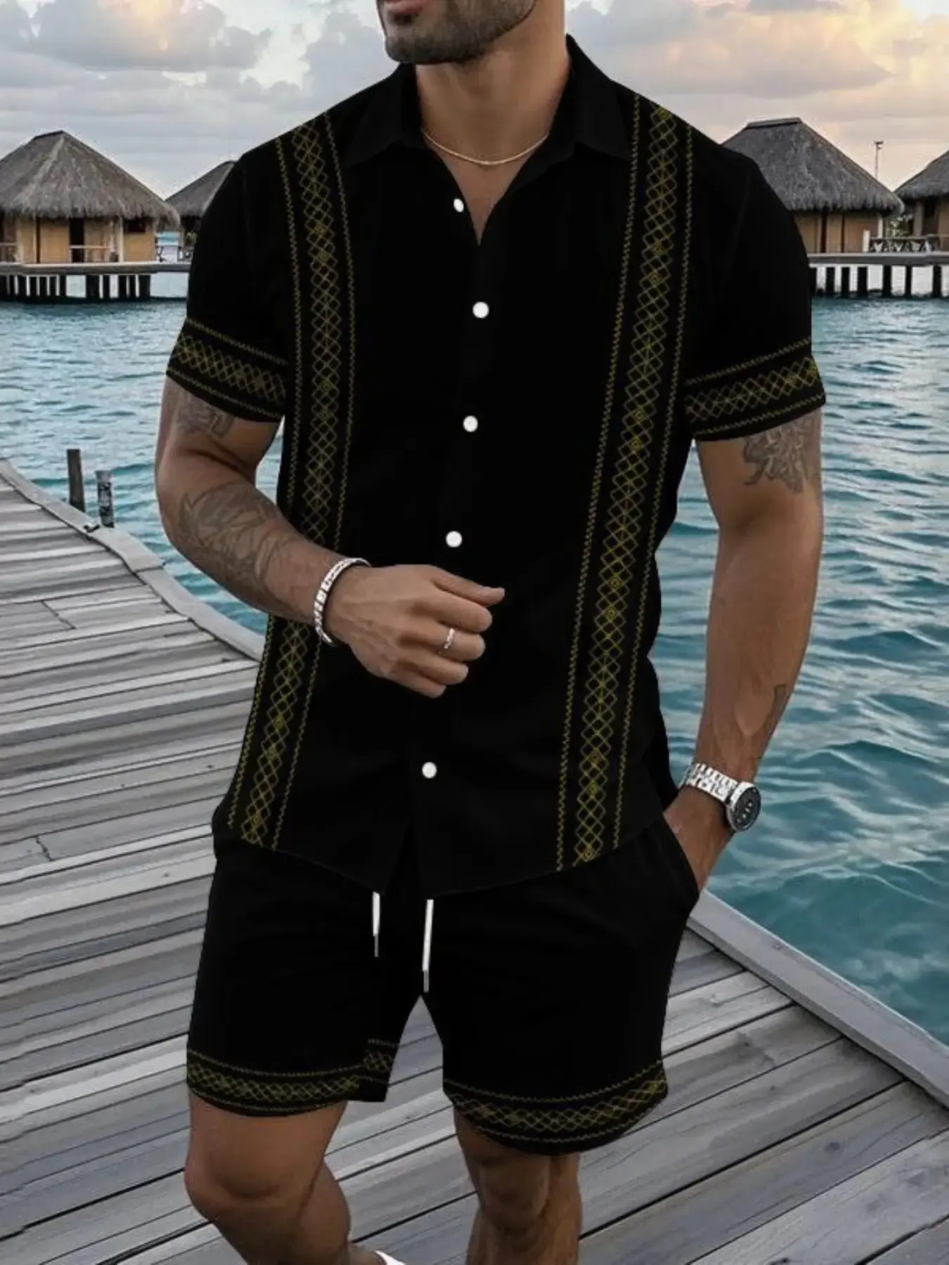 Men's 2026 Summer Hawaiian Collared Shirt & Drawstring Waist Shorts Set, Ideal for Tropical Beach & Vacation, Soft Skin-Friendly Material