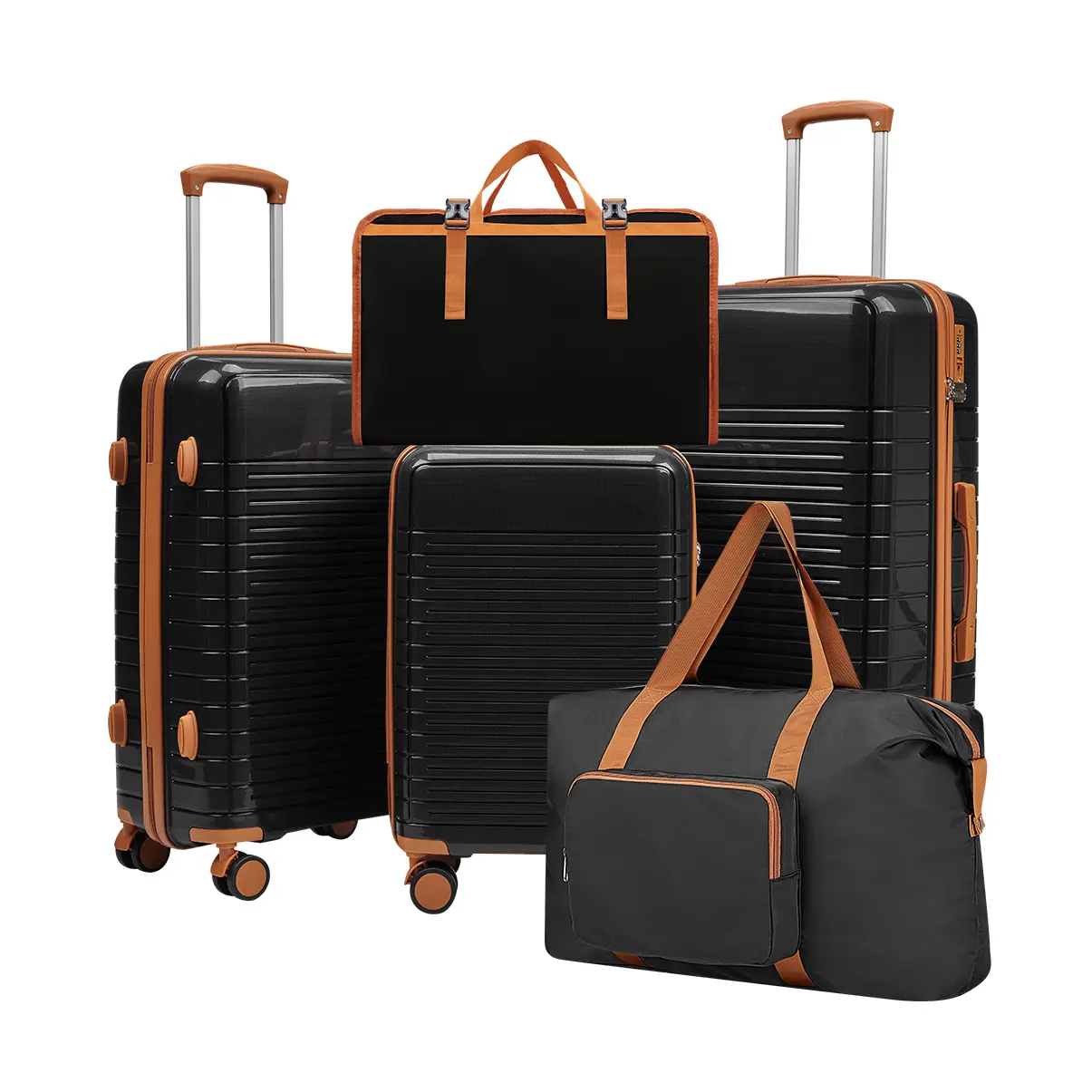 ARCH 5-Piece Polypropylene Hardside Spinner Luggage Set with TSA Lock, Spinner Wheels, 20/24/28-Inch Rolling Bags, Handbag & Toiletry Bag, Lightweight Durable Black+Brown Travel Set for Family Vacations
