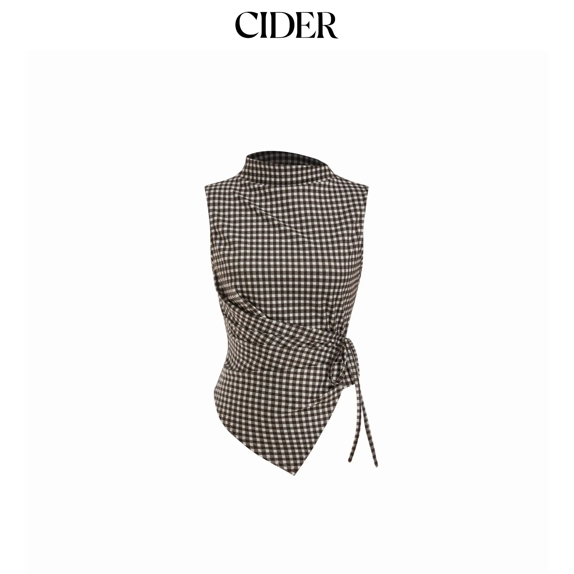Cider Gingham Stand Collar Asymmetrical Hem Ruched Knotted Top SummerWins SummerFinds