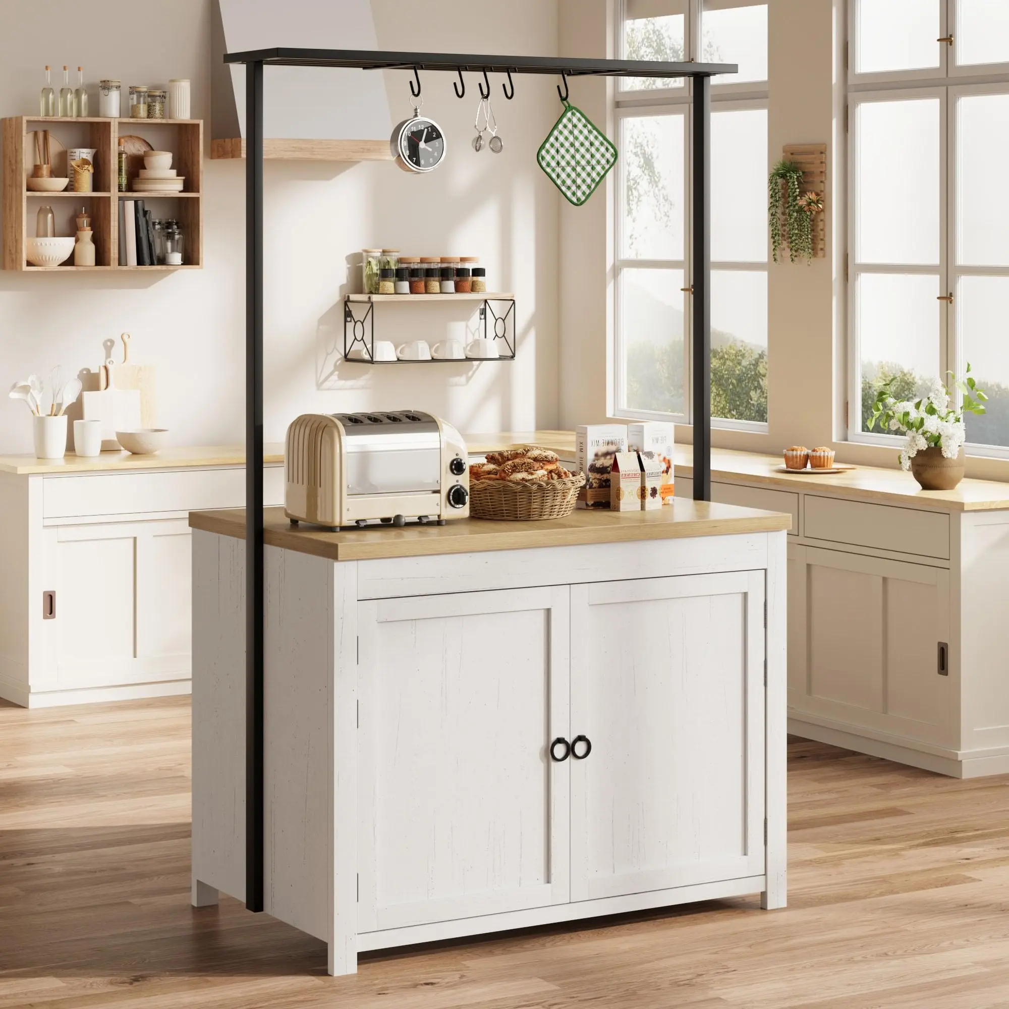 🍳 42" Heavy-Duty Kitchen Island with Storage – 1.2" Thick Solid Wood Countertop, 400 LBS Capacity & 5 Hooks. Perfect for Small Kitchens, Dining & Living Room! ✨