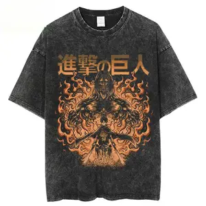 Men Vintage Acid Wash Attack On Titan Eren Founding Titan Graphic Tee, Oversized Y2K Anime Streetwear T-Shirt, Distressed Loose Fit Crew Neck Short Sleeve, Retro Flame Manga Casual Top For Anime Fans