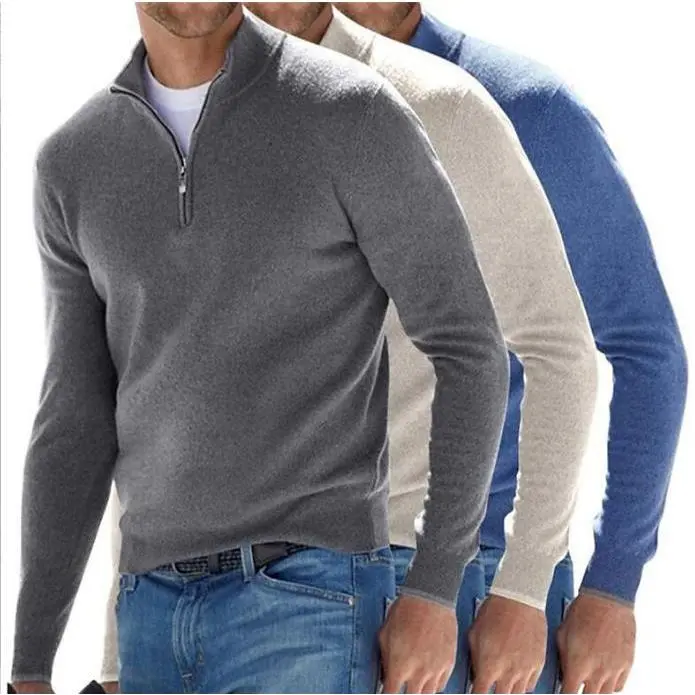 Men's Plain Cashmere Knitwear - 1/4-Zip High Neck Long-Sleeve Pull-On Casual Top, Knot Design, for Autumn Winter, Available in 3XL