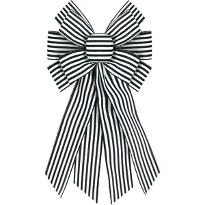 20 x 11 Inches Black White Stripes Burlap Wreath Ribbon Bow for Birthday Anniversary Easter Farmhouse Tree Ornament Home Front Door Decorations