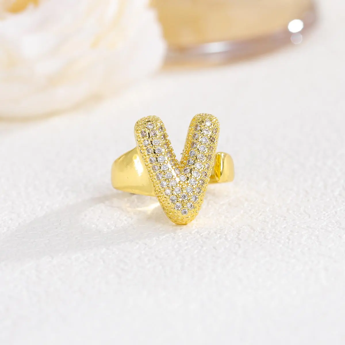 Trendy 14K Gold Plated Cute Initial Ring, Personalized Bubble Letter A-Z Shiny Cubic Zirconia Rings Non Tarnish Chunky Initial Balloon Letter A-Z Ring Versatile Daily Wear & Party Jewelry Holiday Gift