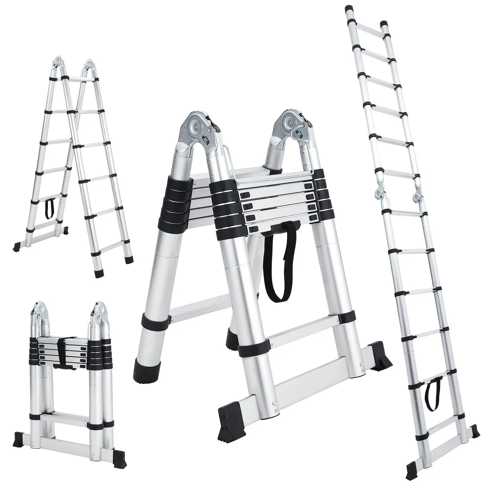 Heavy Duty Telescoping Aluminum Ladder - Single-Sided, Collapsible A-Frame, Non-Slip Feet & Stabilizer, 330lbs Capacity, Multi-Purpose, Easy Storage for Home, Attic, Roof, Garden