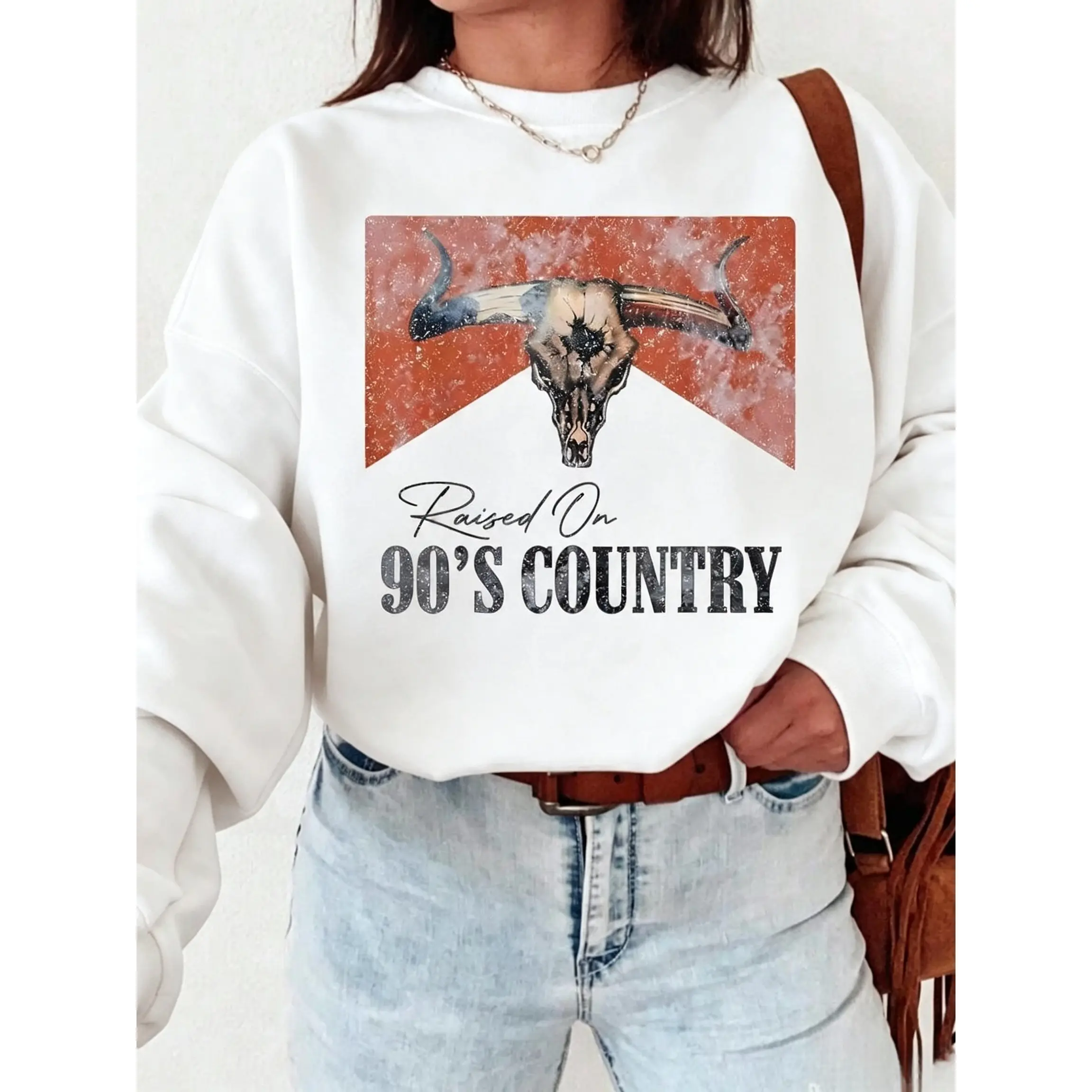 90s Country Western Bull Graphic Retro Women Sweatshirt, Women's Casual Dropped Shoulder Crew Neck Long Sleeve Pullover Fall