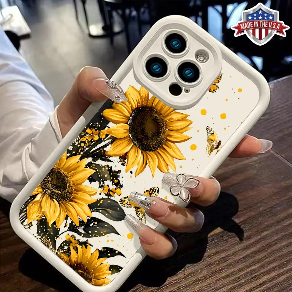 Yellow Sunflower Butterfly Floral Aesthetic Case for iPhone 17 16 15 14 Pro Max 13 12 11 XR XS Plus Air Slim Shockproof Anti Drop TPU Cover