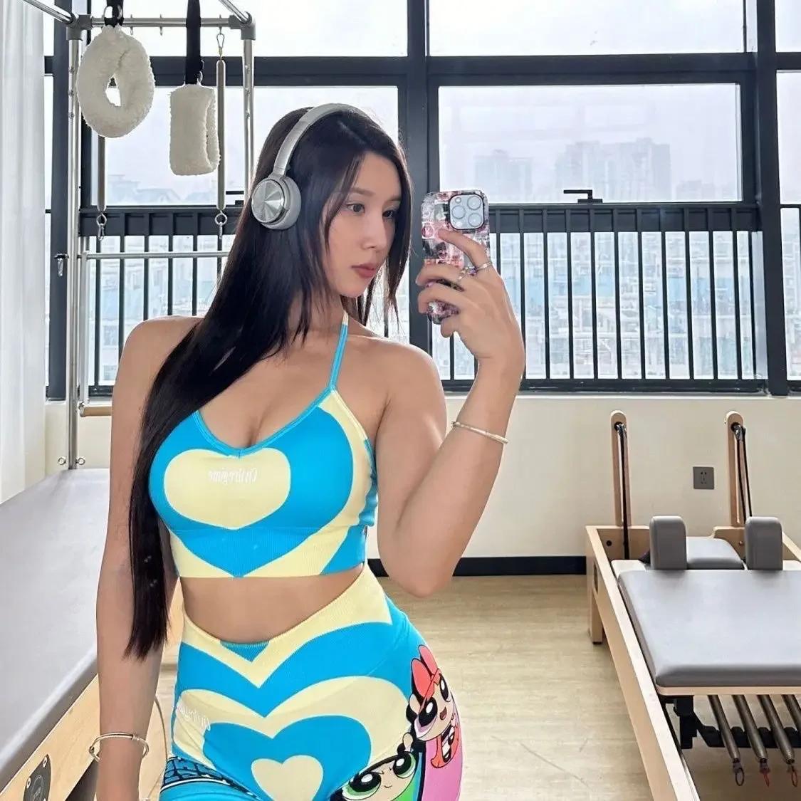 New The Powerpuff Girls Blossom Bubbles anime peripheral cartoon love print girls summer fitness yoga high-looking set birthday