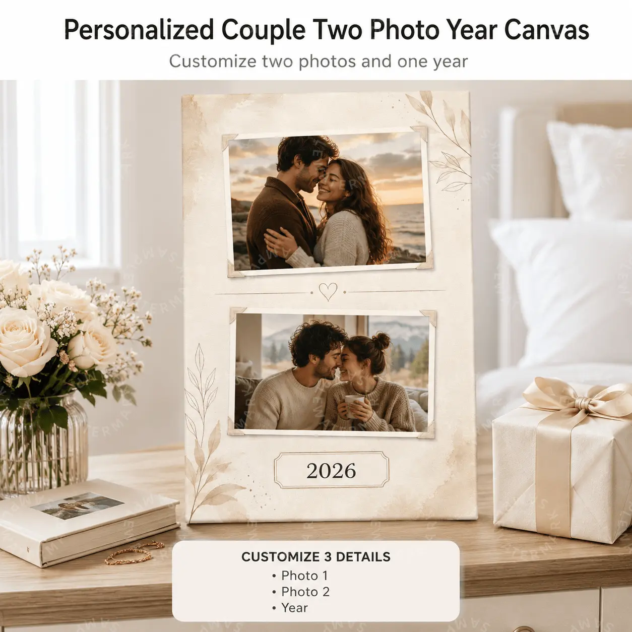 Personalized Couple Photo Canvas - Custom 2-Photo Wood Wall Art, Lightweight Minimalist Beige Romantic Keepsake Print, Botanical Accent, Wedding/Valentine’s Day Anniversary Gift for Couples, Bedroom Living Room Decor, Decoration
