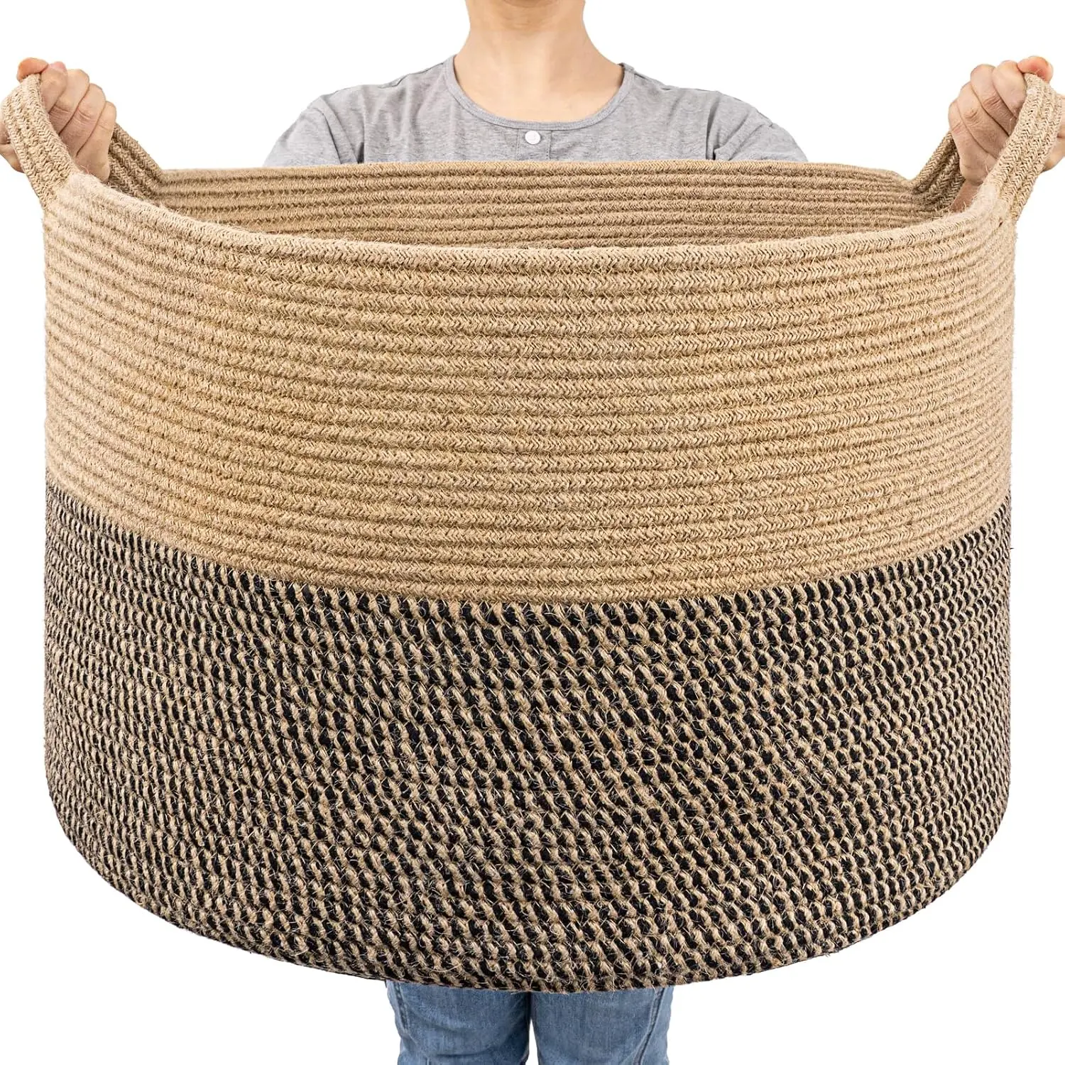 High-Capacity Neutral Jute Wicker Laundry Basket (83L, 21.7x21.7x13.8 inch, Pack of 1) - Folded in Shipping Open Storage for Dog & Cat Accessories, Blankets, Pet Clothes, Living Room Decor, Wicker Basket