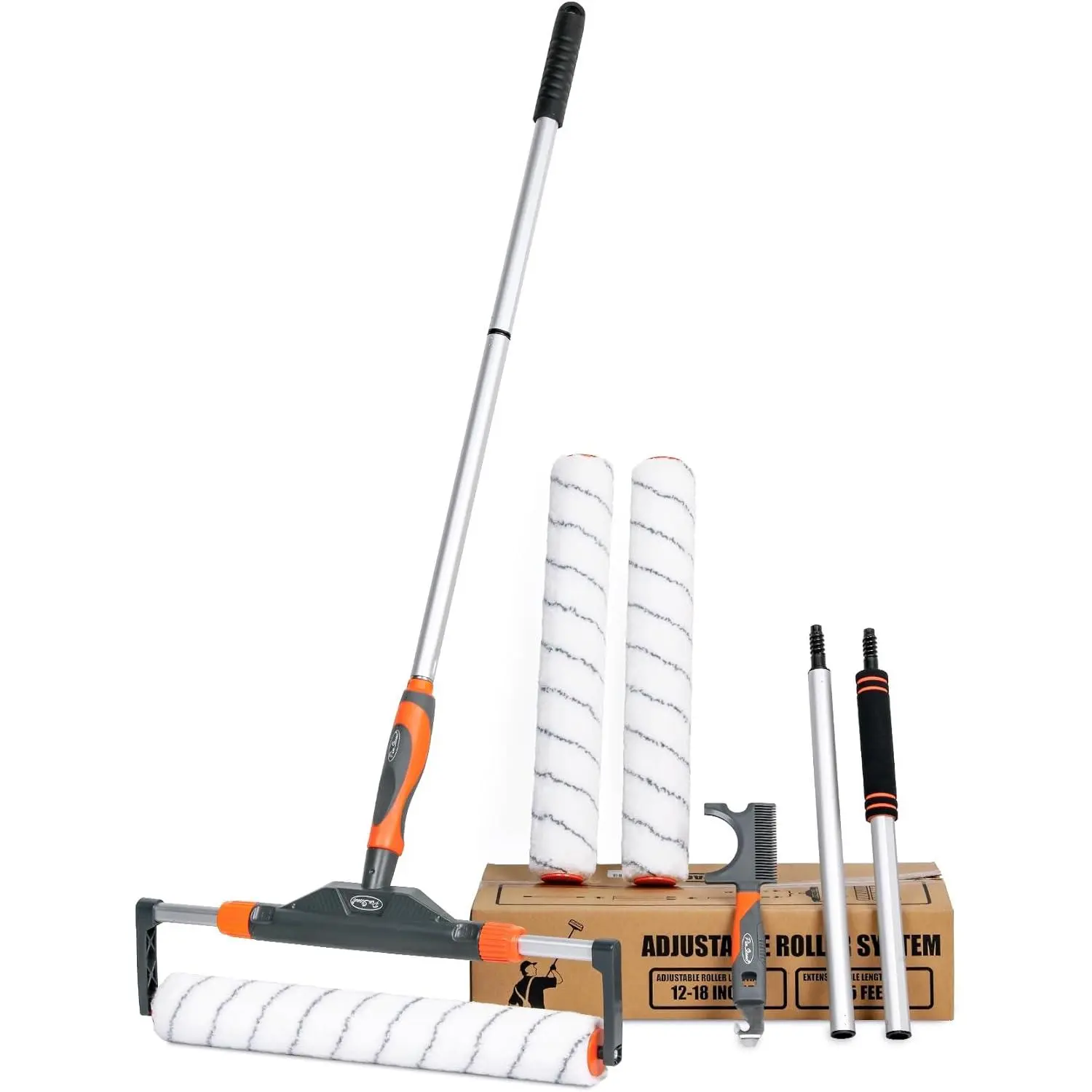 10 Piece Paint Roller Set with Adjustable 12 to 18 Inch Roller Frame, 1 to 5 ft Aluminum Extension Pole & 3 High Absorption 18" Non-Shed Nylon Covers for Interior and Exterior Painting, Higher Paint Absorption, 10Pcs, 12 To 18 Inches