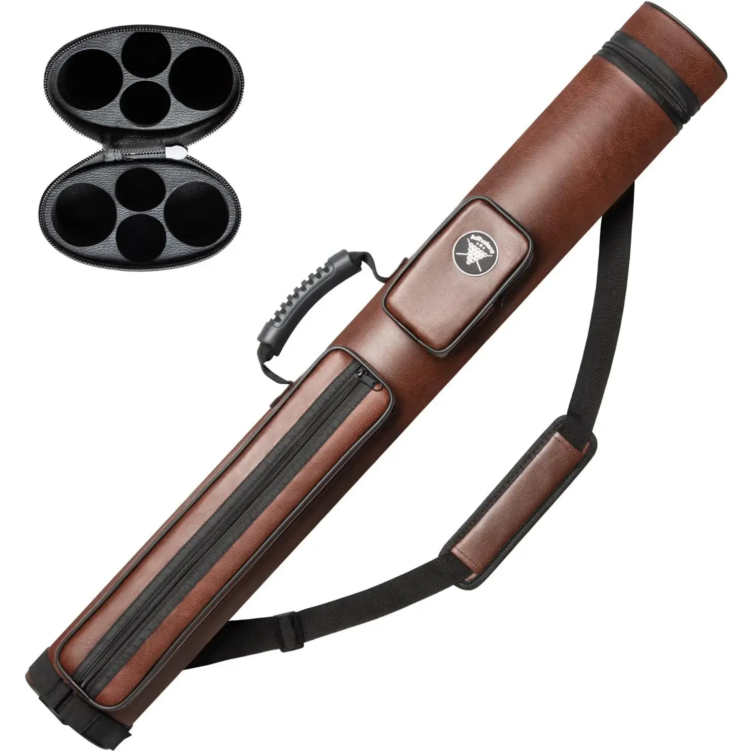 2x2 Hard Pool Cue Case, Synthetic Leather Billiards Stick Carrier with a Comfortable Handle, Soft Shoulder Strap, and Storage Pocket, Cues