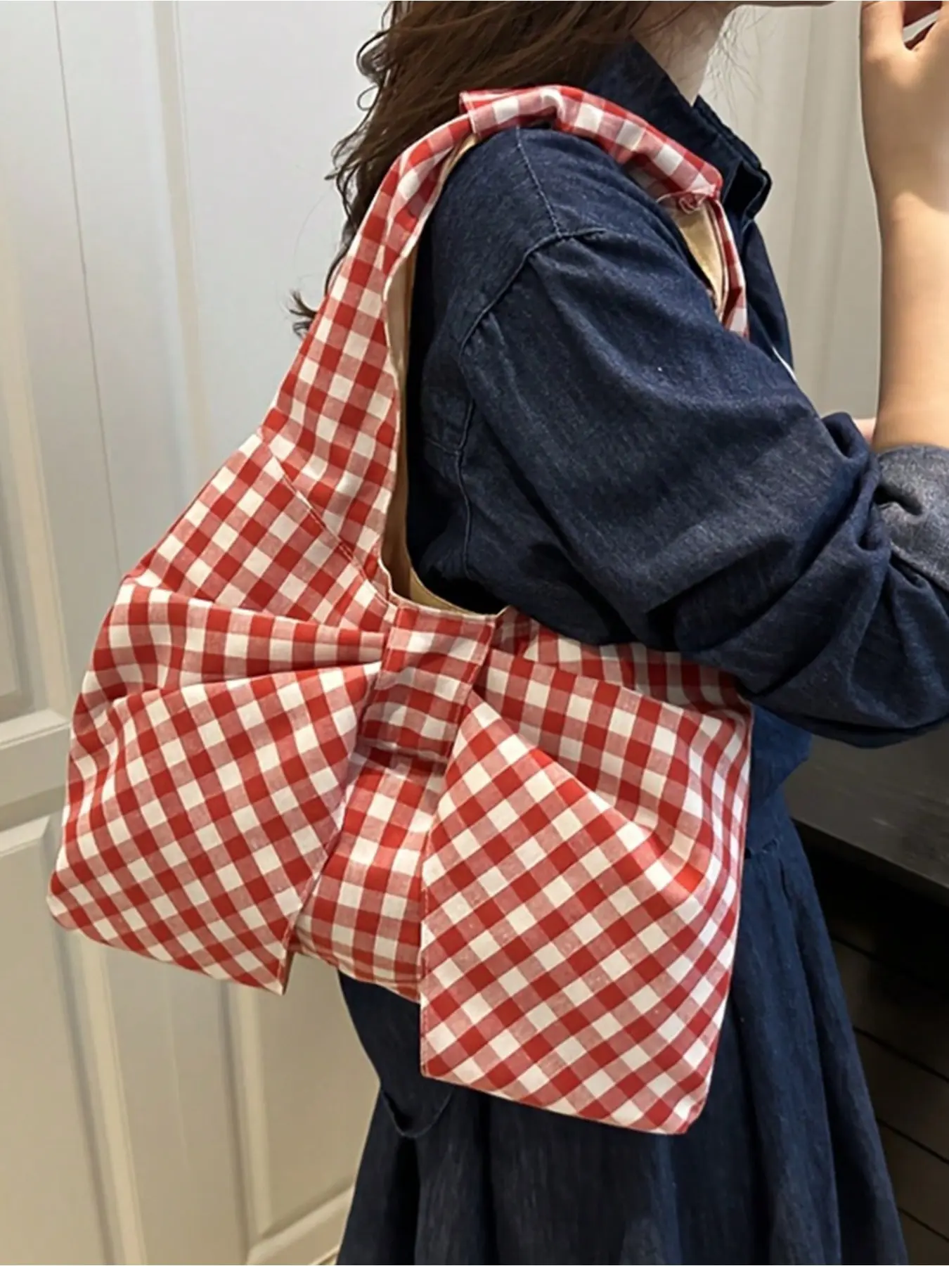Large Bow Underarm Handbag, Fashionable Plaid Bag, Large Capacity, Butterfly Design, Perfect for Work, Beach, Parties, Weddings