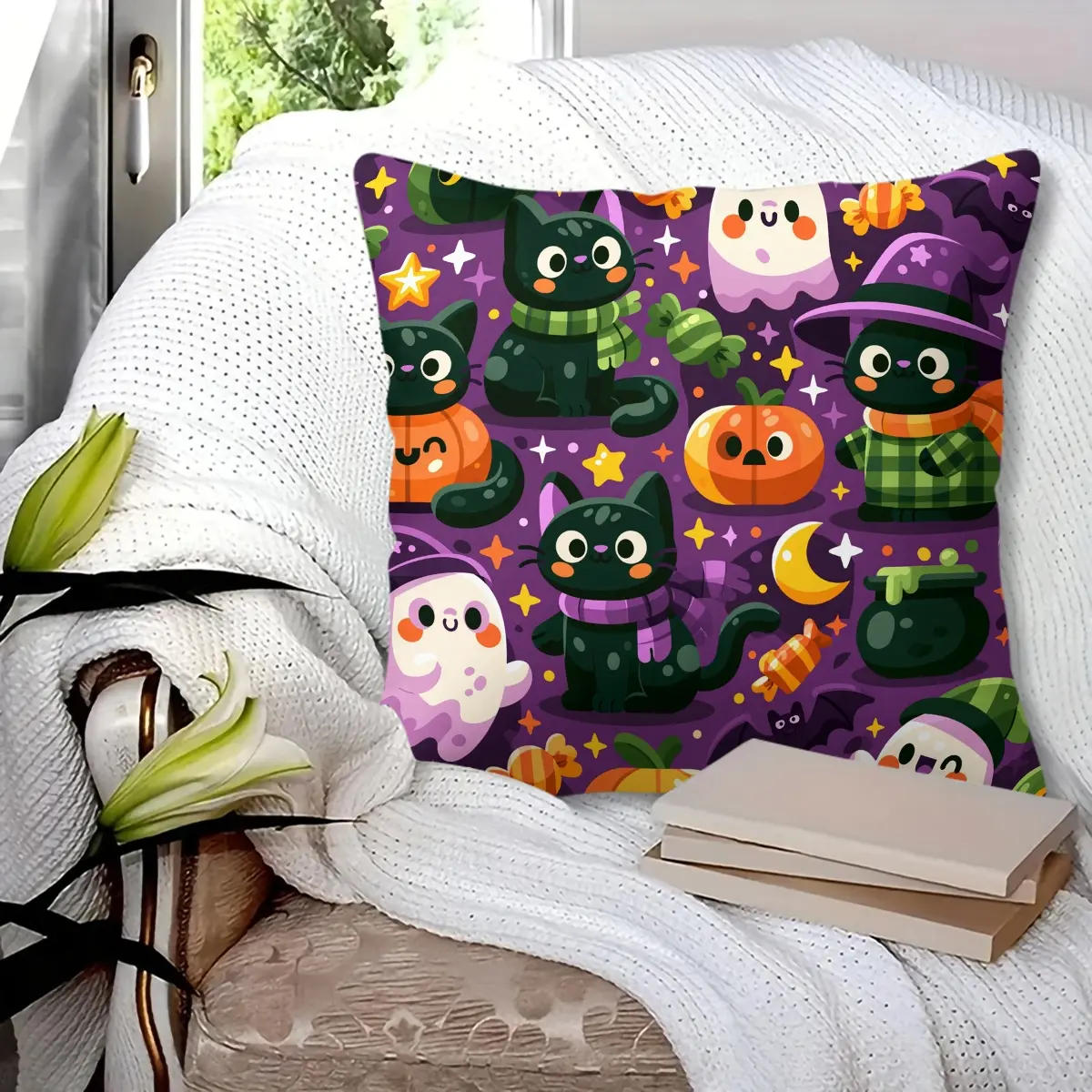 45x45cm 1Pc, Cute Halloween Throw Pillow, Soft Fluffy Durable Decorative Cushion with Black Cat, Ghost, Pumpkin and Witch Hat Prints, Perfect for Sofa, Bedroom, Living Room Decoration, Great as Halloween Holiday Small Gift, Includes Filling