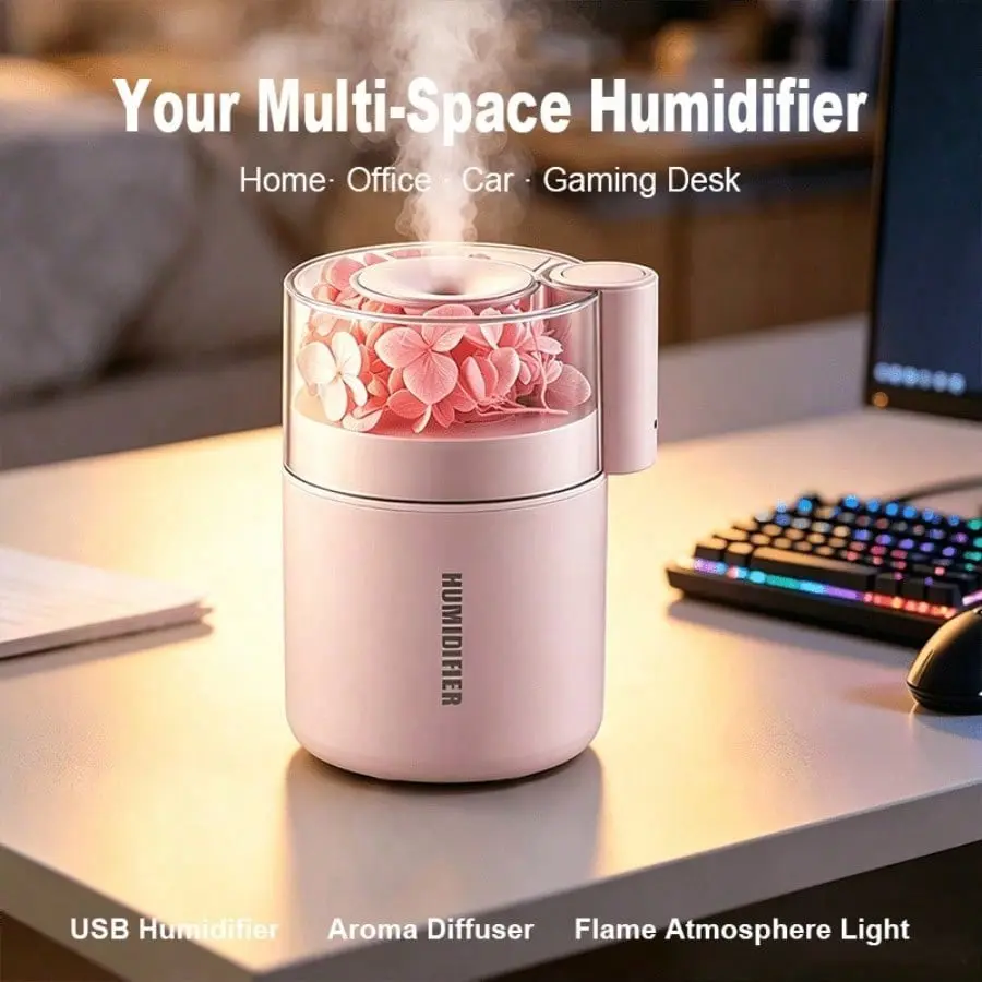 Eternal Flower Humidifier 180ml USB Aromatherapy Diffuser, 2 Spray Modes with Multi-Color Atmosphere Lights, Silent Nano Mist Hydration, Cute Desk Decor for Home Bedroom Car Travel