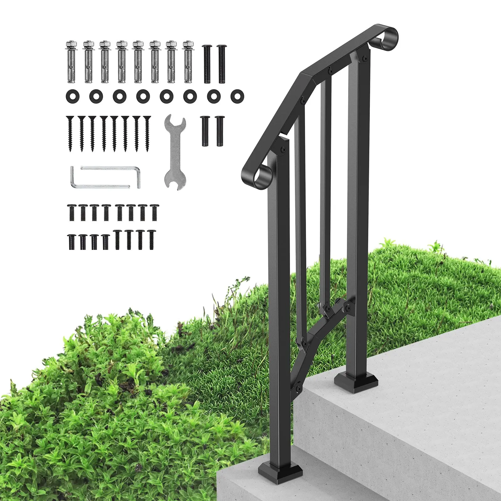 VEVOR Handrails for Outdoor Steps, 1-2 Step Stair Hand Rail Kit, Transitional Carbon Steel Railings with Installation Kit, Stair Rails for Seniors, Concrete Steps Porch Deck, Black Retro Arch