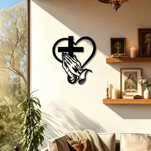 Elegant Metal Christian Religious Heart & Cross Wall Art, 15.74 Inch Praying Hands Design, Indoor Outdoor Iron Sculpture Decor for Living Room Garden Office Farmhouse Prayer Hands
