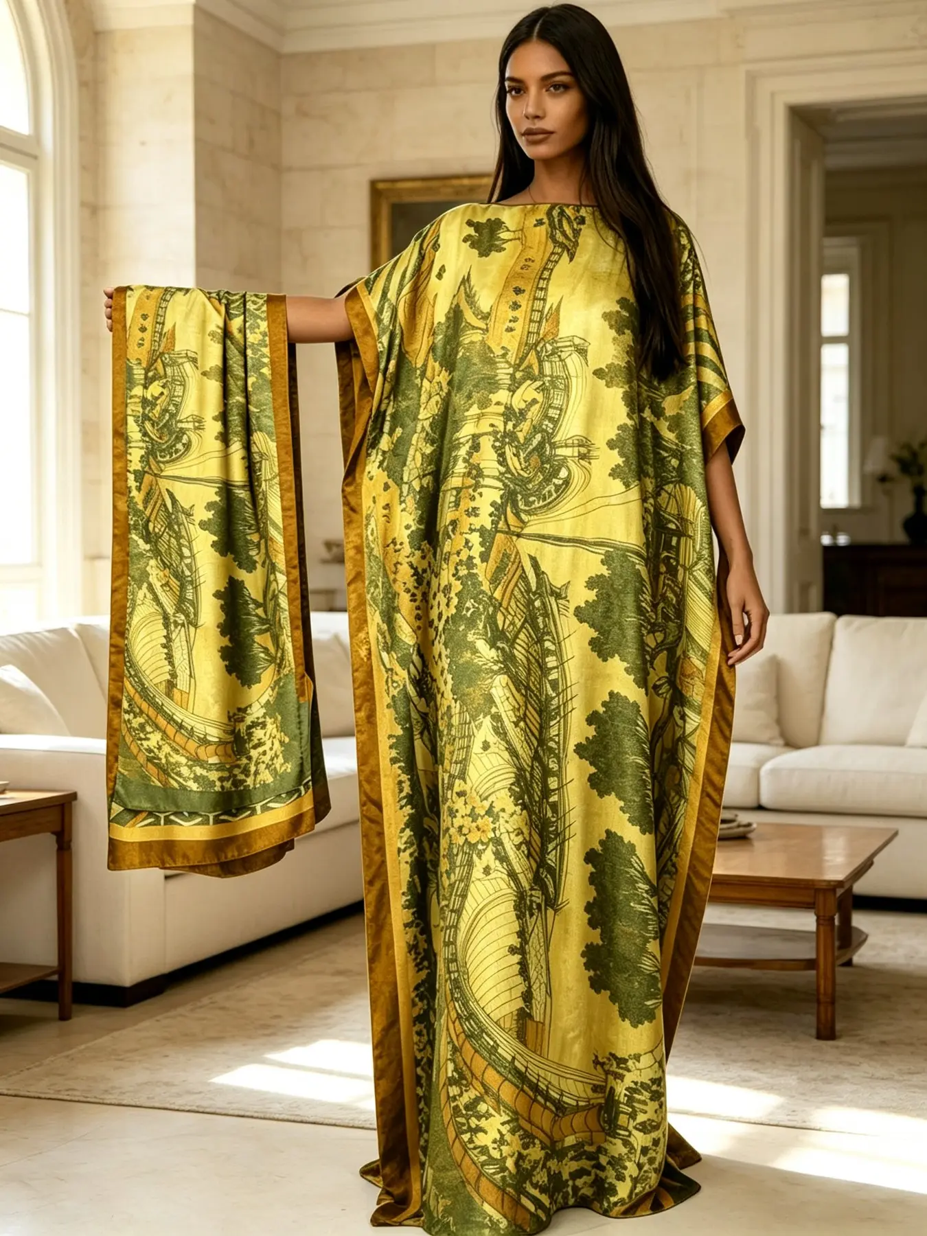 Plus Size Women's Two-Piece Satin Kaftan Set, Mustard Traditional Landscape Print, Loose Fit Home Beach Vacation, Beach Kaftans