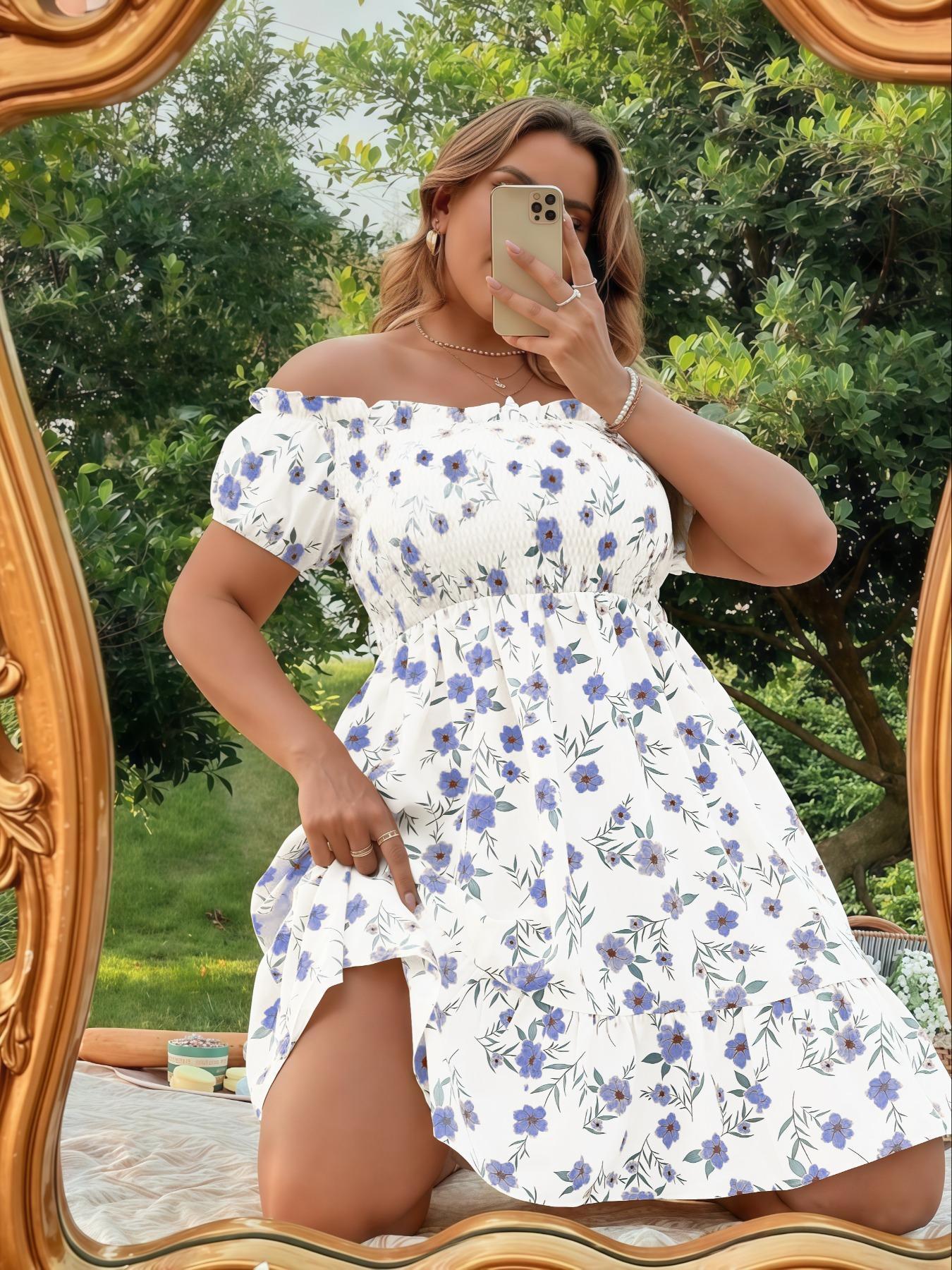 Plus Size Floral Print Off Shoulder A Line Dress, Boho Romantic Shirred Ruffle Hem Dress for Beach Vacation Holiday, Women's Plus Clothes for Summer