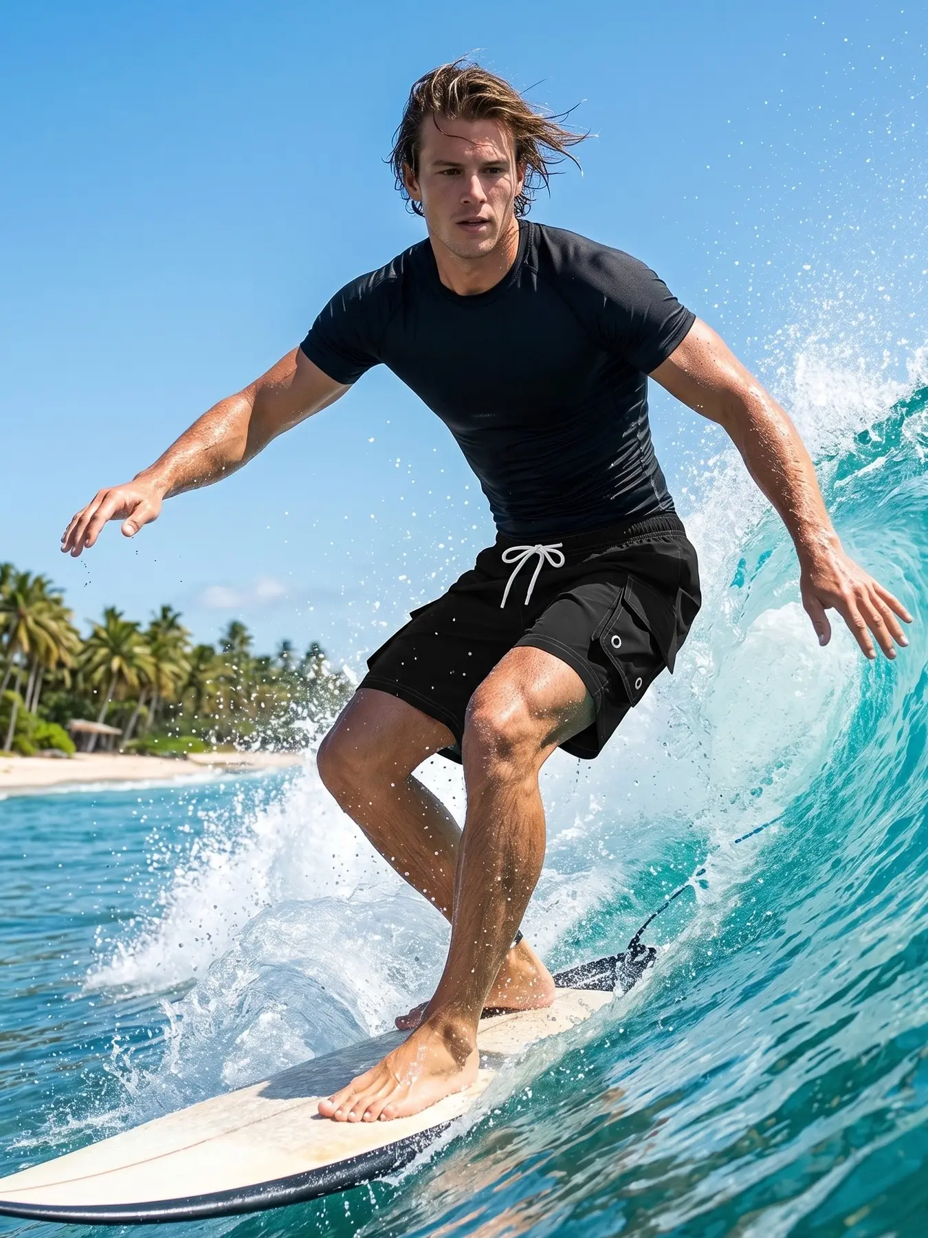 Men's Summer Casual Sporty Surfing Beach Suit, Round Neck Short Sleeve Rash Guard Quick-Dry Breathable Tight Fit Tee T-Shirt + 2-in-1 Beach Shorts with Cargo Pockets, Drawstring Elastic Waist Board Shorts Swim Trunks