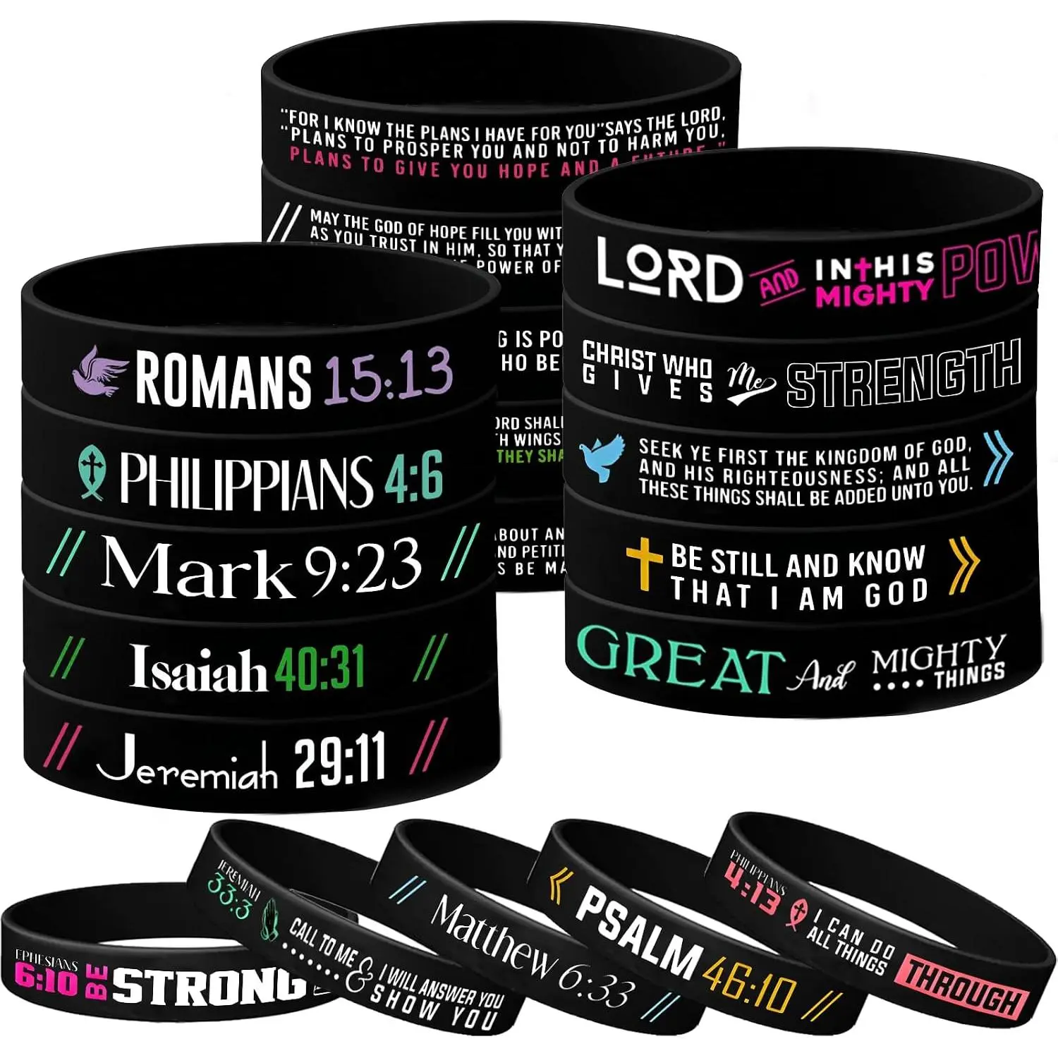 Verse Bracelets – 12 or 20 Pack  Scripture Christian Rubber Bracelets, Christmas Christian Gifts for Men & Women – Recessed Ink-Engraved Design, Classic Black