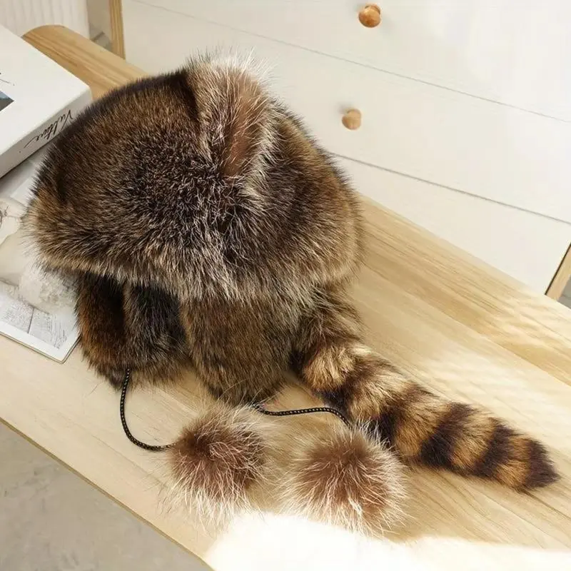 Y2K Raccoon Tail Mood Hat with Detachable Fluffy Earmuffs, Retro Winter Beanie Style Hat for Women, Cottagecore Aesthetic Warm Outdoor Casual Wear Hat, Soft Machine Washable Winter Fashion Accessory 2026 Trend