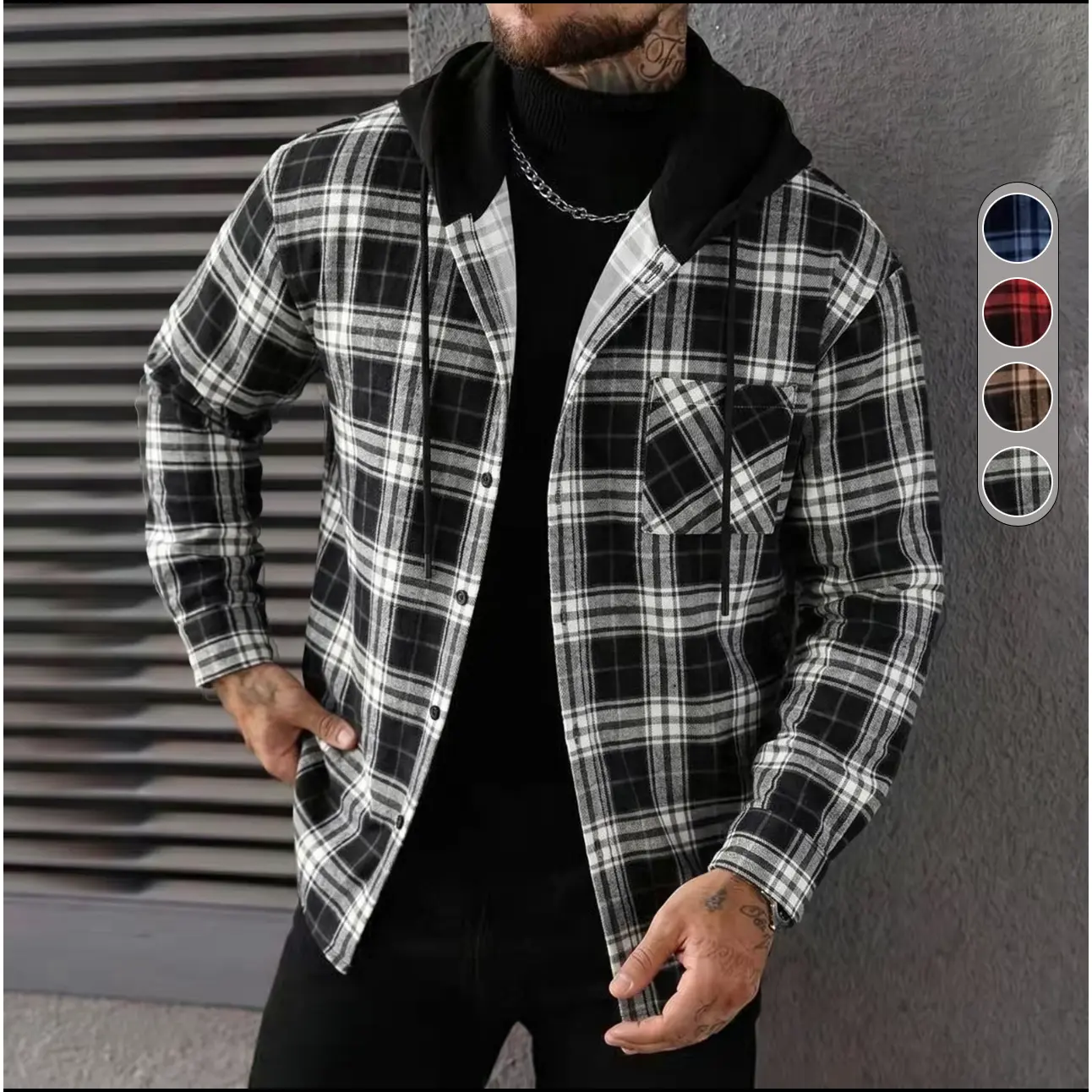 Vintage Black White Plaid Hooded Shacket For Men, Loose Fit Flannel Shirt Jacket With Drawstring Hood Daily Outwear