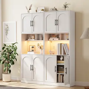 71" Tall Freestanding Pantry Cabinet with LED Lights – Modern Kitchen Storage Hutch – Microwave Shelf – Adjustable Shelves – Versatile Use for Dining, Living Room, Bathroom