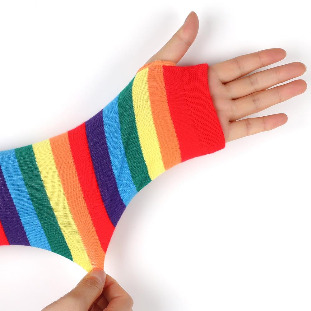 Rainbow Knitted Gloves Colorful Striped Long Sleeves Soft Stretchy Warm Handwear LGBTQ+ Pride Month Essential Vibrant Striped Knit Mitts for European & American Pride Parade Music Festival Holiday Party Cosplay Daily Casual Wear Lightweight Durable Fashio