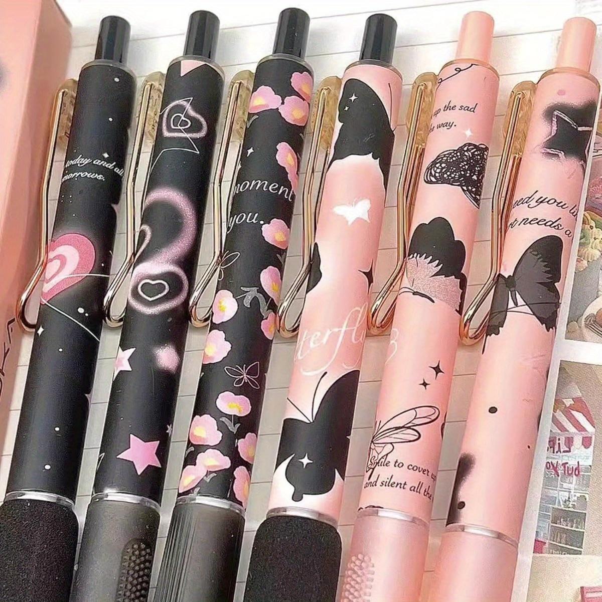 6 Pack Retractable Gel Ink Pens, Fine Point 0.5mm, Black Ink, Butterfly & Rose Flower Design, Cute Writing Pens for School, Office, and Home Use, Ideal Gift for Teens and Adults