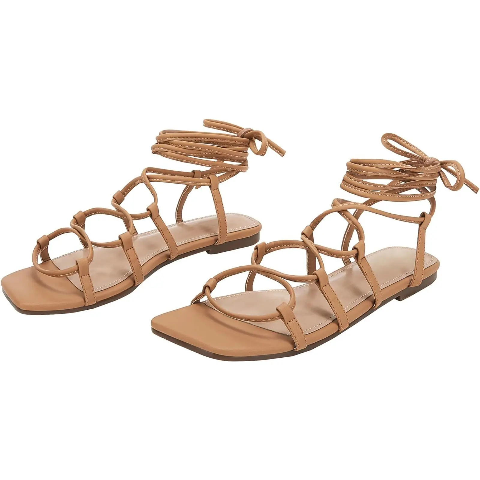 Coutgo Women's Gladiator Sandals - Elegant Casual Leather Flats with Criss-Cross Lace-Up Ankle Straps, Flexible Square Toe Footwear for Women, Classy Sandal, Sandals For Women
