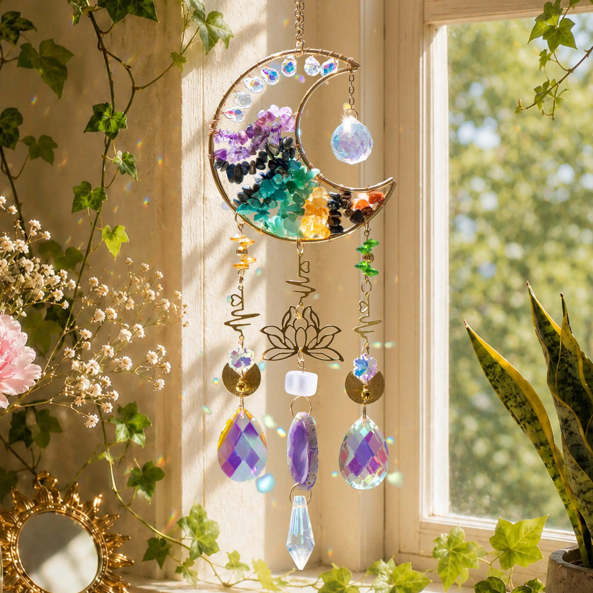 Moon Sun Catcher with Lotus Pendant, Natural Crystal Rainbow Maker, Copper Wire Wrapped Window Hanging for Bedroom Balcony Decor, Boho Decoration