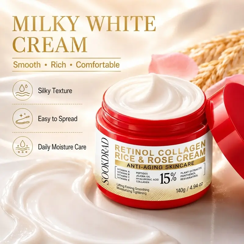 Retinol Collagen Rice Rose Cream, 15% rich in vitamin A, B, C, E, peptides, collagen, hyaluronic acid, plant extracts, panthenol, resveratrol, anti-aging, lifting, firming, smoothing, moisturizing, Revitalizing Cream, Collagen Moisturizer