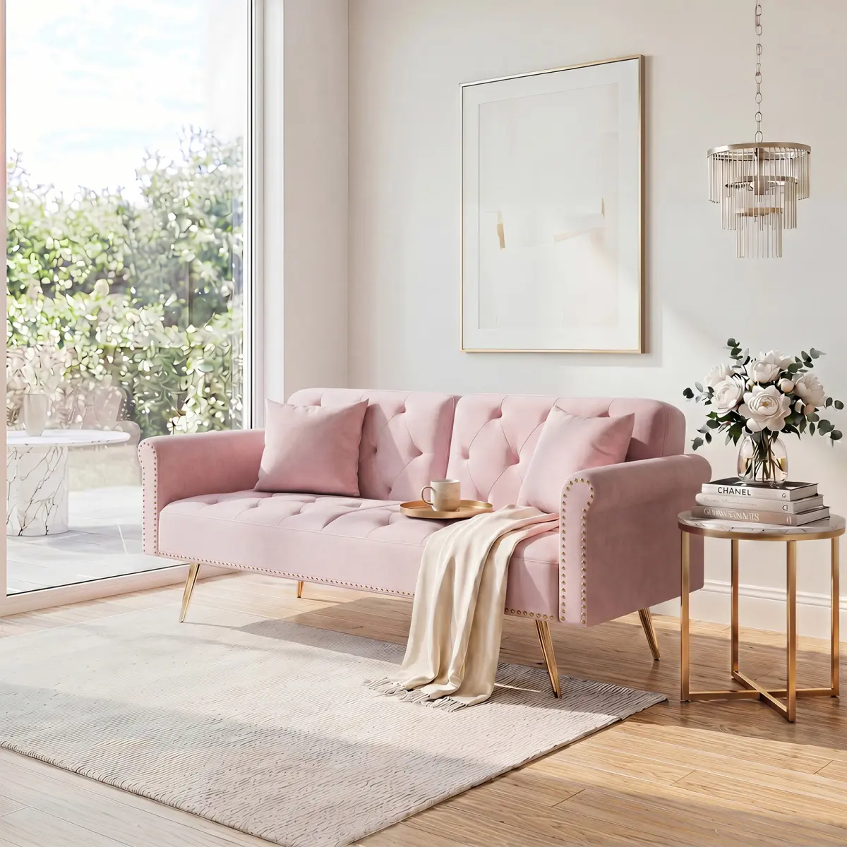 69.7" Pink Velvet Convertible Sofa Bed, Luxury Sleeper Sofa Couch with Nailhead Trim & Throw Pillow, Modern Loveseat Sofa for Small Spaces