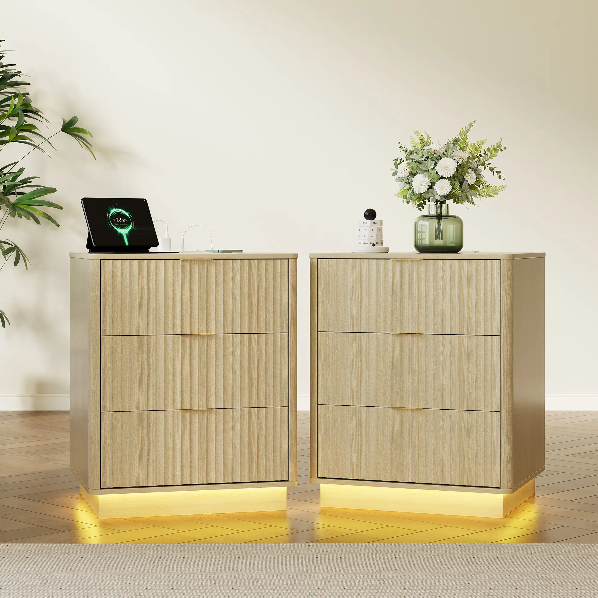 Nightstand Set of 2, Wooden Night Stand with Charging Station & LED Light, Modern Mid Century Bedside End Table with 3 Drawers,  for Bedroom,