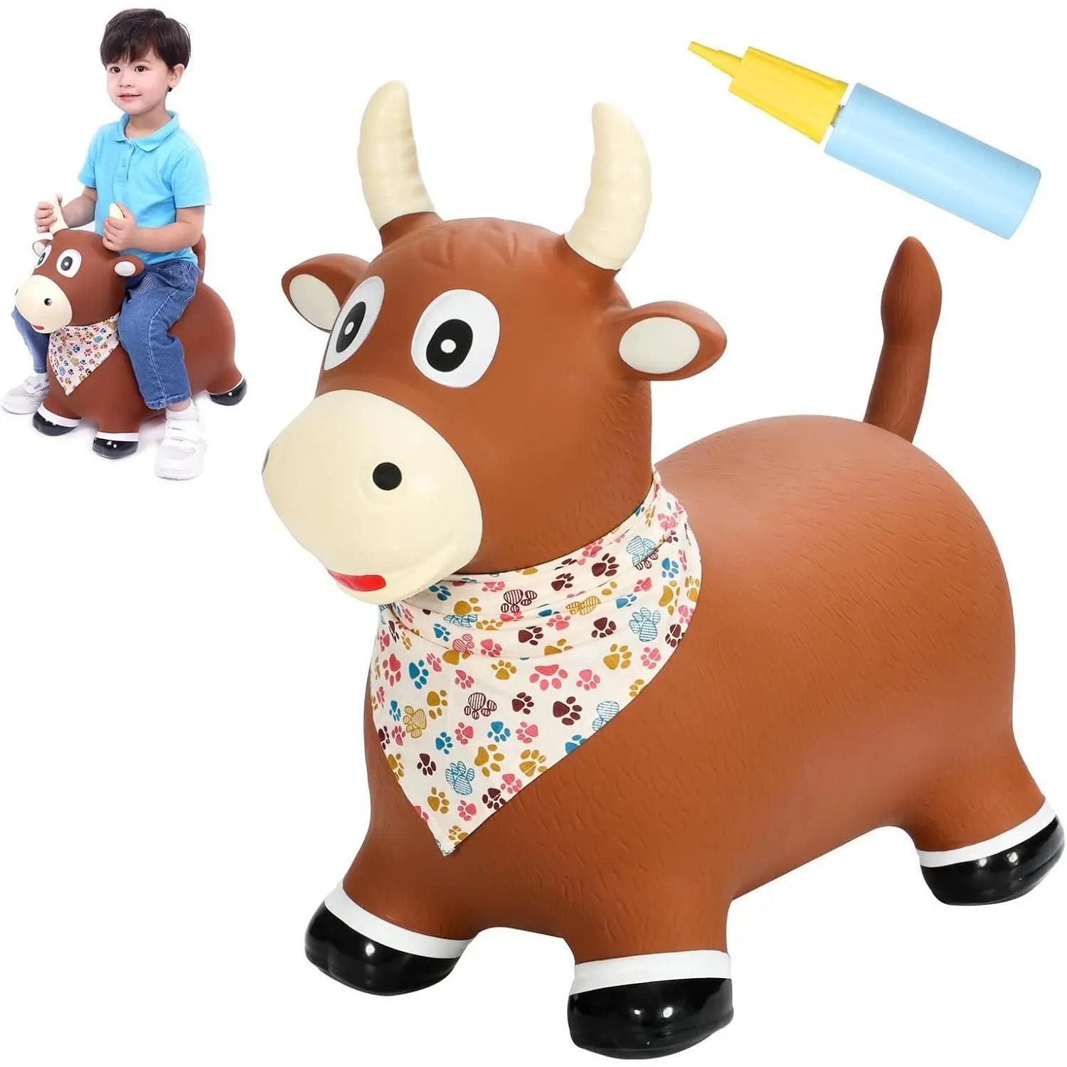 Bouncy Bull Farm Animal Hopping Toys for 1 2 Year Old Boy Gifts, Ride on Toddler Brown Cow Hopper, Kids Inflatable Jumping Horse, Outdoor Indoor Rubber Bouncer for 3 4 Yr Girl Birthday