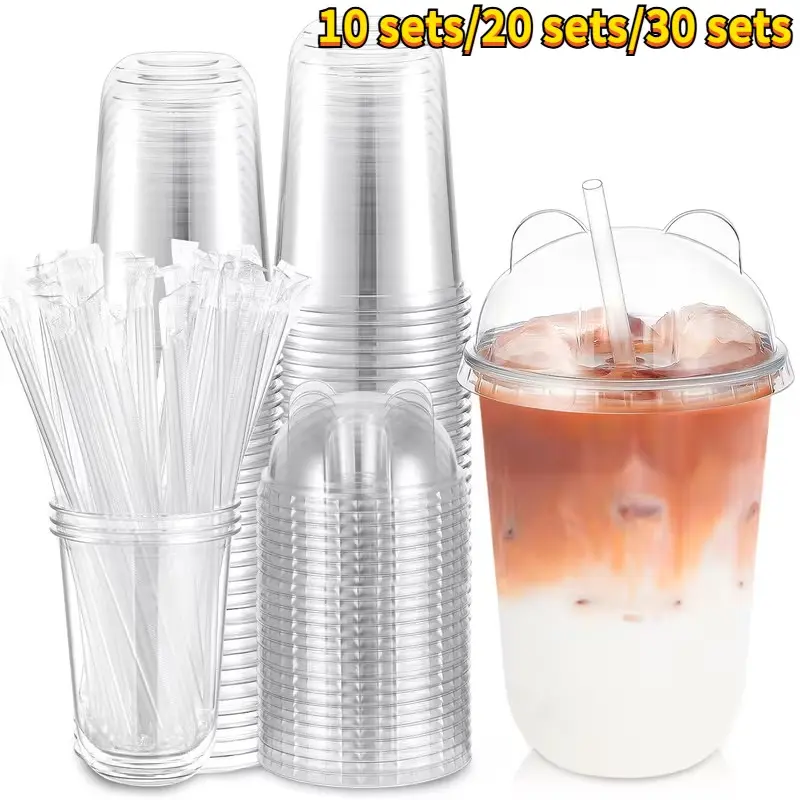 16oz Pet Cup with Bear Ear Lid and Straw, Reusable Transparent Ice Drink Cup, Ideal for Juices, Smoothies, DIY Lattes, Parties, Weddings, Camping