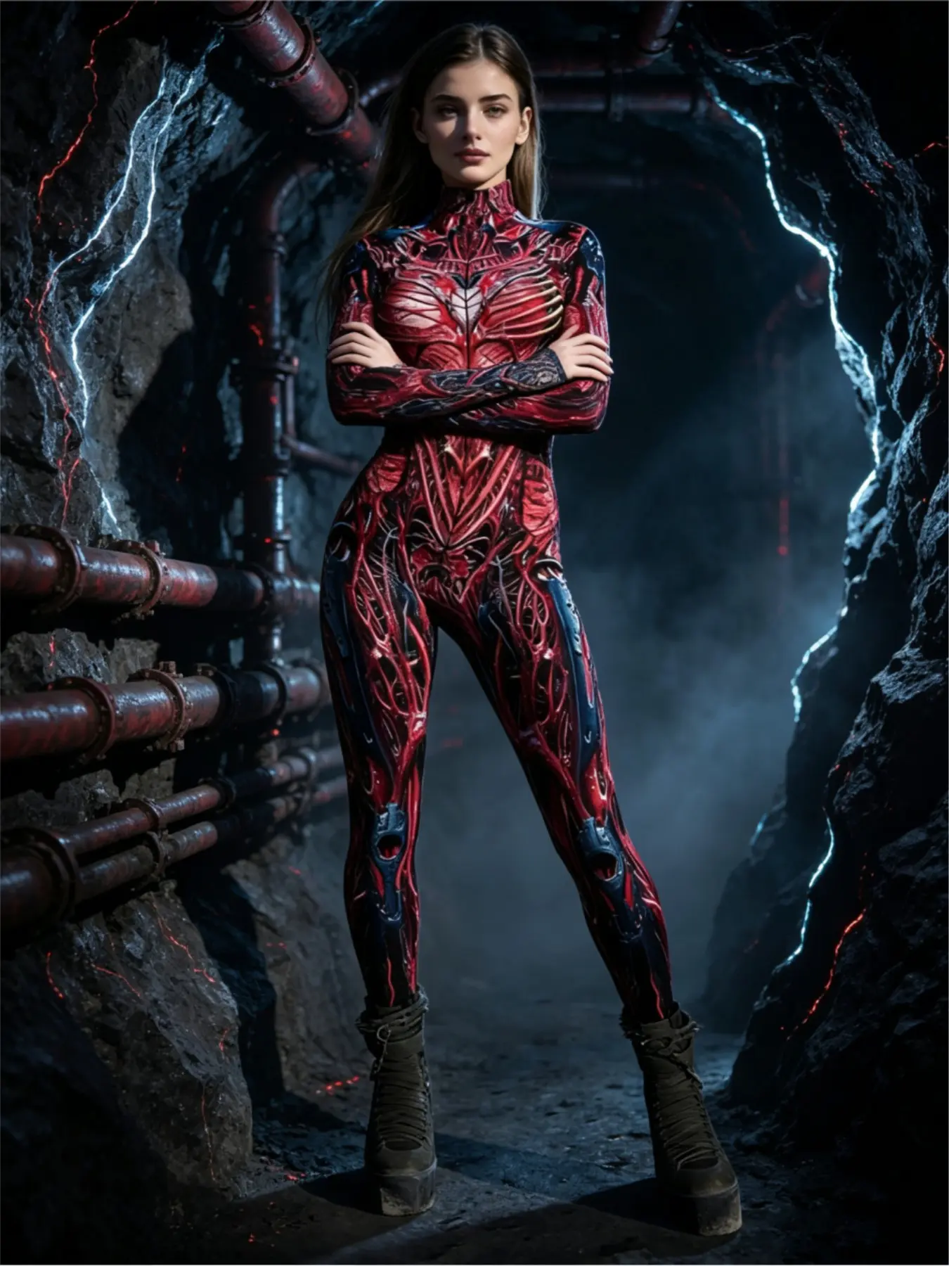 Women's Halloween Cosplay Jumpsuit, Chain Print Tight-Fit Costume, Stage Performance, Festival Party Wear, Unique Role-Playing Clothing