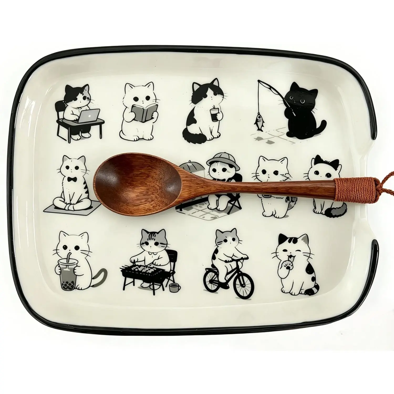 Cute Kitty Ceramic Spoon Rest - Sturdy Round Cutlery Rack for Stove Top, Kitchen Counter, Heat-Resistant Large Cooking Utensil Holder for Spatula, Farmhouse Kitchen Decor Gift for Cat Lovers