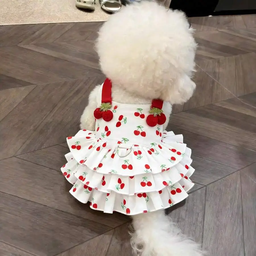 1pc Pet Dog/Cat Layered Cherry Cake Dress, Lightweight Spring/Summer Fluffy Princess Dress, Suitable For Teddy Poodle And Other Small Pet Dresses