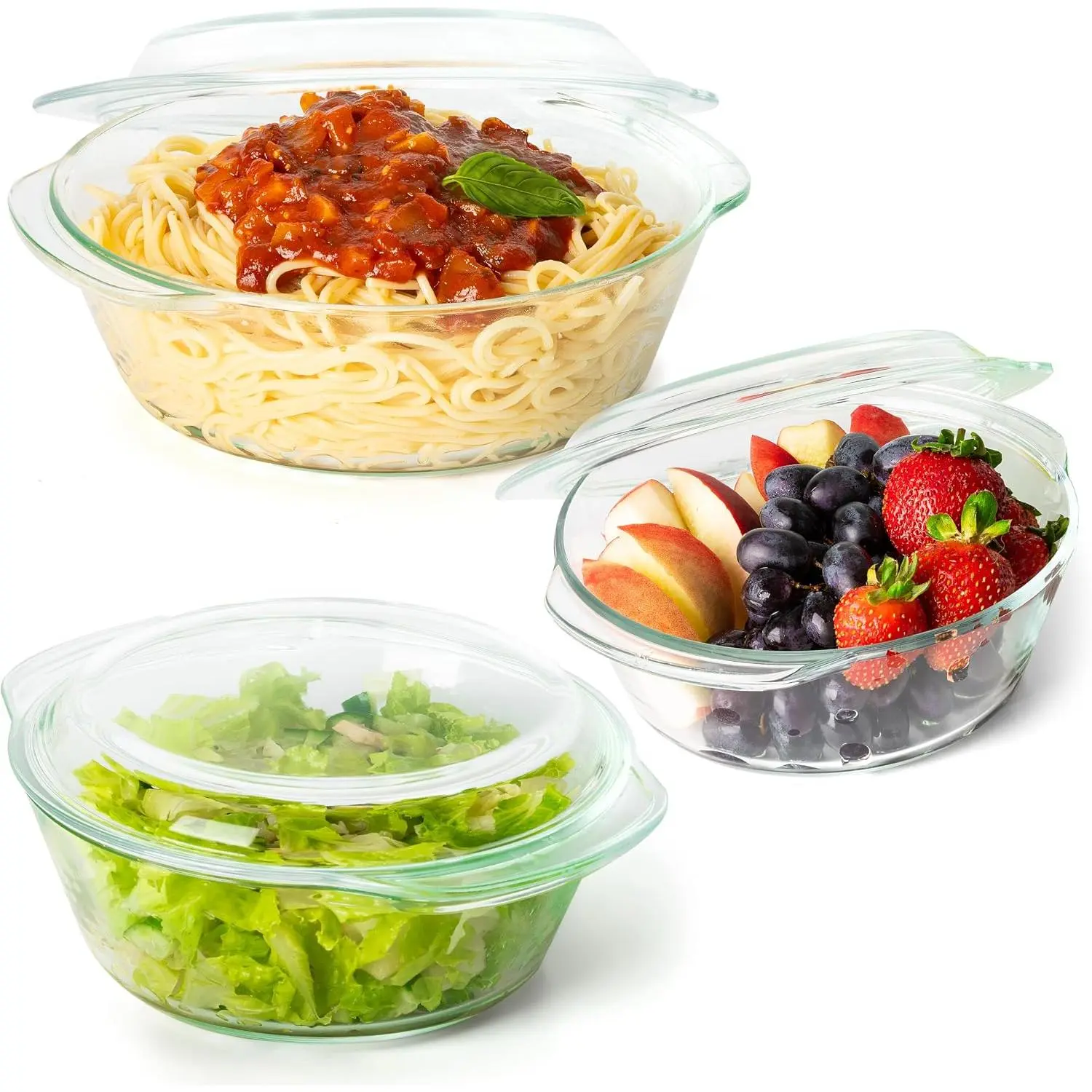 6-Piece Clear Glass Casserole Dishes for Oven With Lids, Durable Tempered Borosilicate Glass Bakeware Set, Microwave Safe, 3 Round Sizes for Cooking, Serving & Storage