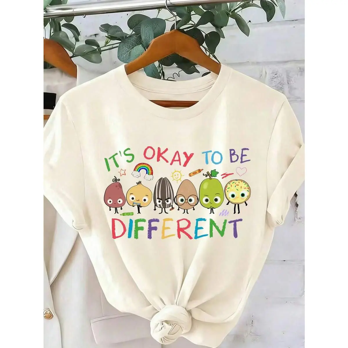Beige,Summer,Casual,Cute,School,Back-To-School ""It's Okay To Be Different"" T-Shirt,Neurodiversity Gift,Special Education Teacher Graphic Tee Women