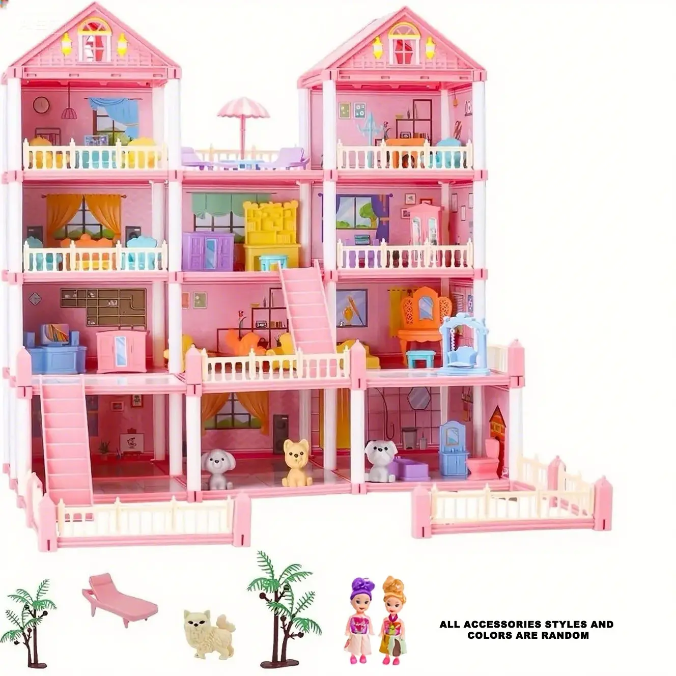 Princess Dollhouse Gift Set, Includes Castle, TV, Dog, Cat, Furniture, Ladder, Closet, 4 Floors, 11 Rooms, Ideal for Christmas and Birthday Gifts