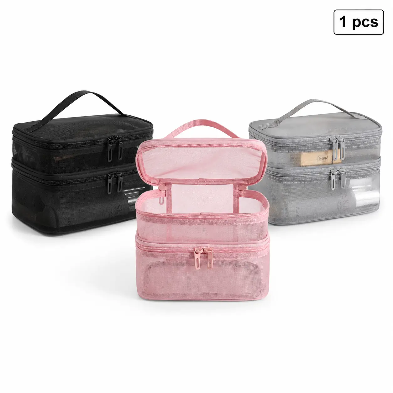 Premium Sleek Mesh Makeup Bag - Dual-Layer Transparent Vanity Bag with Large Space, Mesh Pocket, Portable Design, Travel Organizer for Travel & Daily Storage, Mesh Pocket Storage Bags