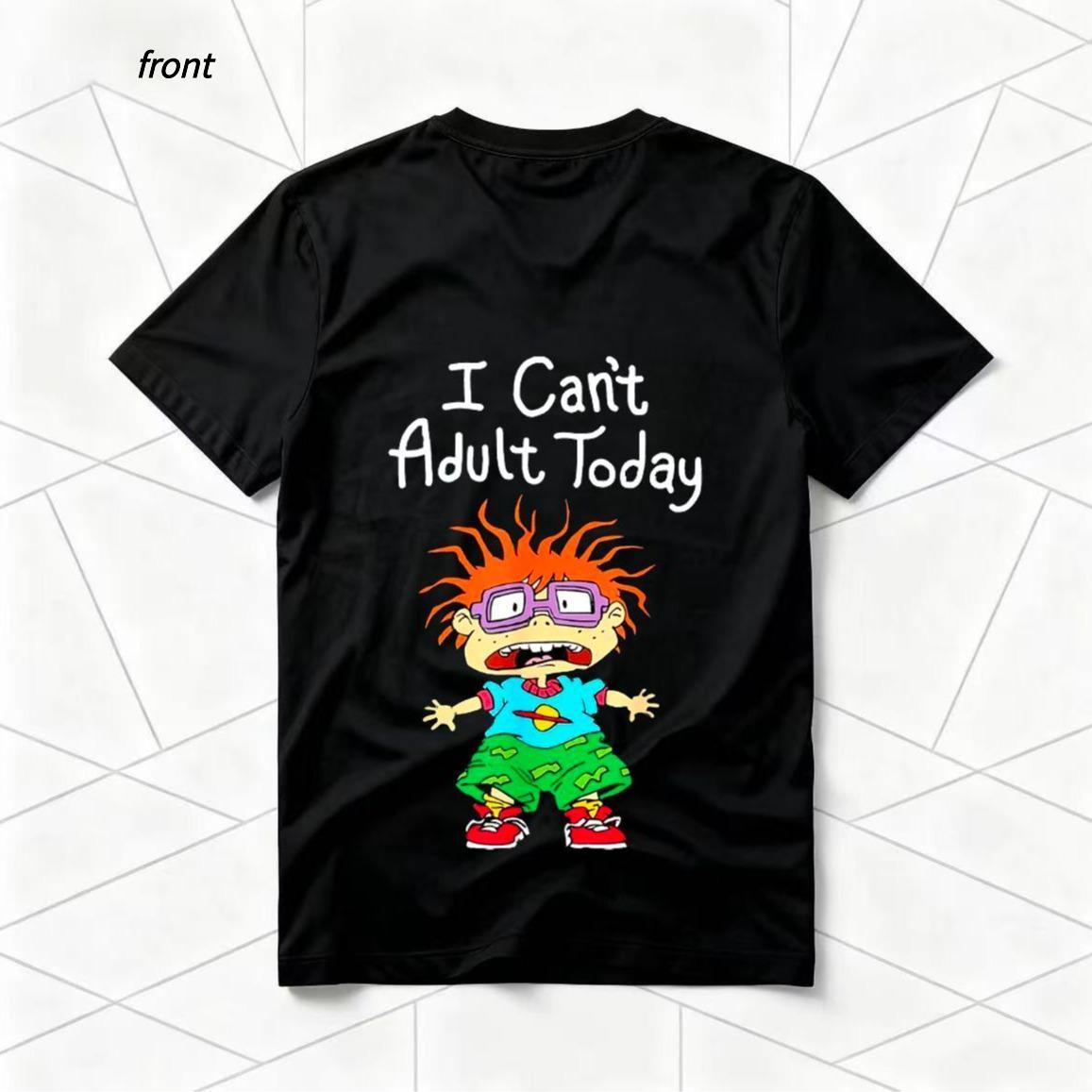 "I Can't Adult Today" Rugrats Cartoon American Retro Black Short-Sleeved Unisex T-Shirt, Nostalgic 90s Character Graphic, Casual Streetwear for Cartoon & Meme Enthusiasts, Unique Quirky Pop Culture Fashion Statement Piece Game funny crewneck menswear
