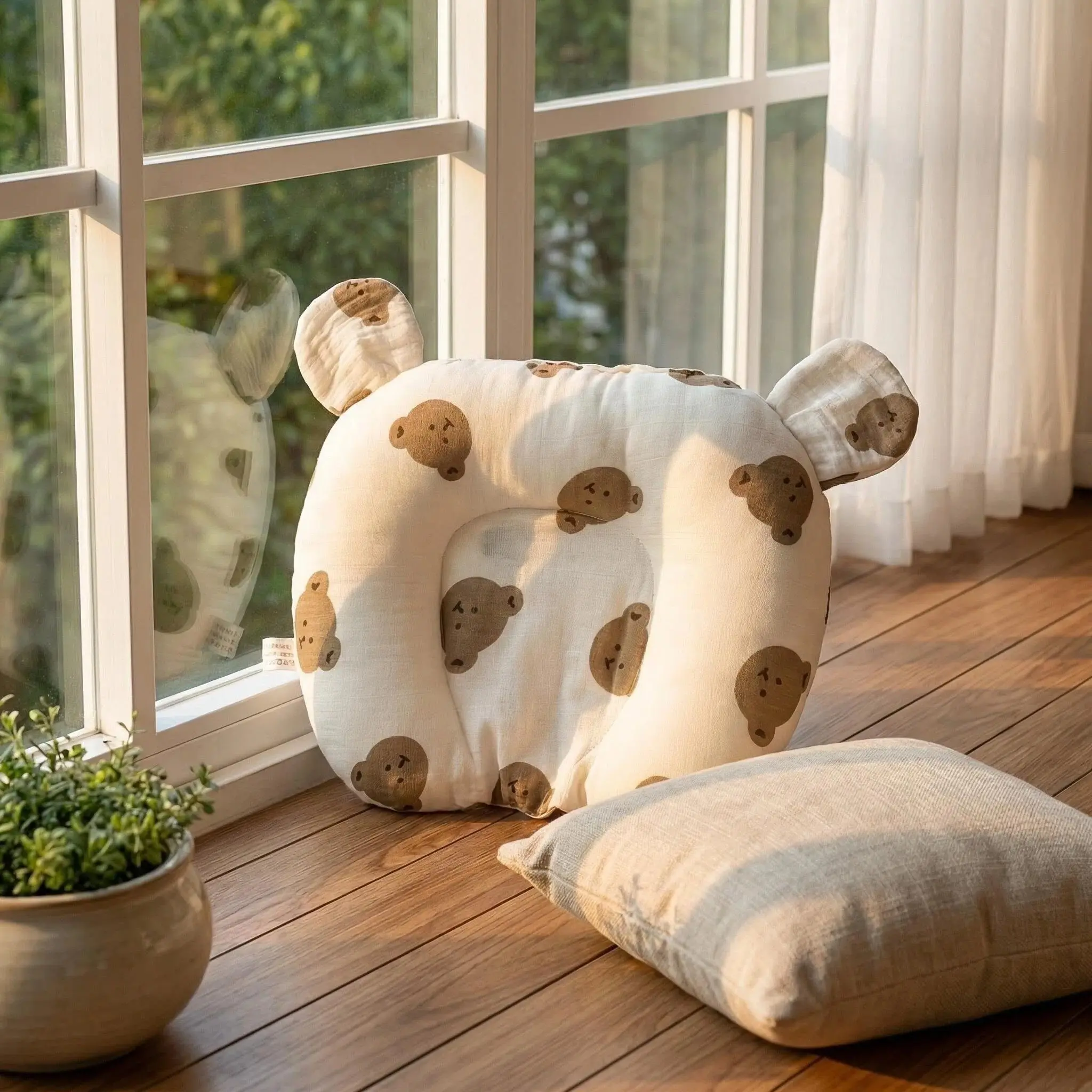 1 Ins Style Small Print Bunny Ear Pillow (10in X 12in), Bear Heart Mushroom Patterns, Breathable Mesh Sweatproof, Flat Head Correction, U-Shape Sleep Pillow