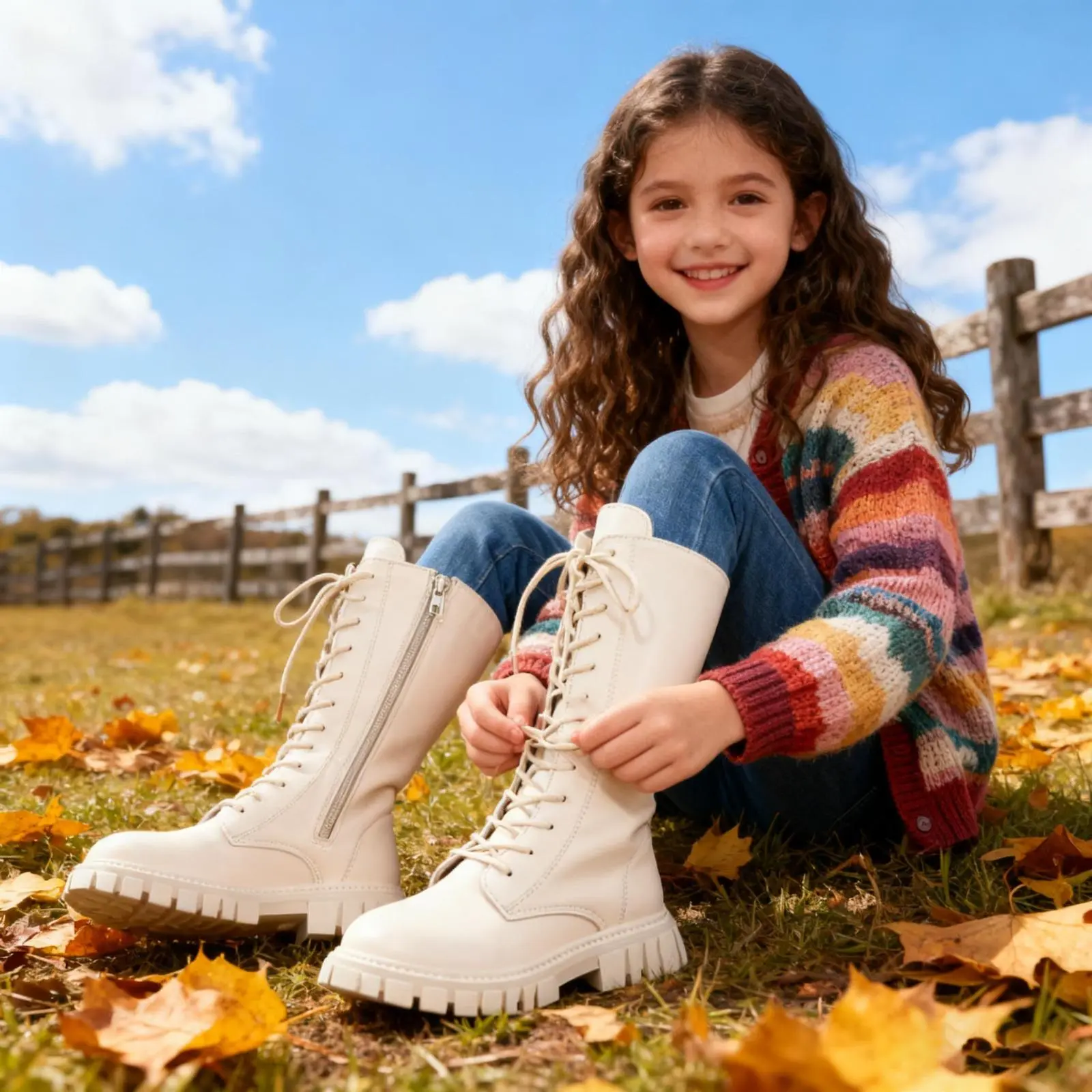 Kids Mid Calf Combat Boots, Girls Lace Up Side Zipper Tall Riding Boots, Non Slip Thick Platform Leather Fashion Fall Winter Motorcycle Boots for Daily Wear