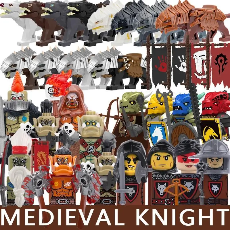2026 new hot item Medieval Castle Soldier Figures Building Blocks Knight Orc Warrior Dragon Wolf Animals Battle Flags Accessories Bricks Toys Boys